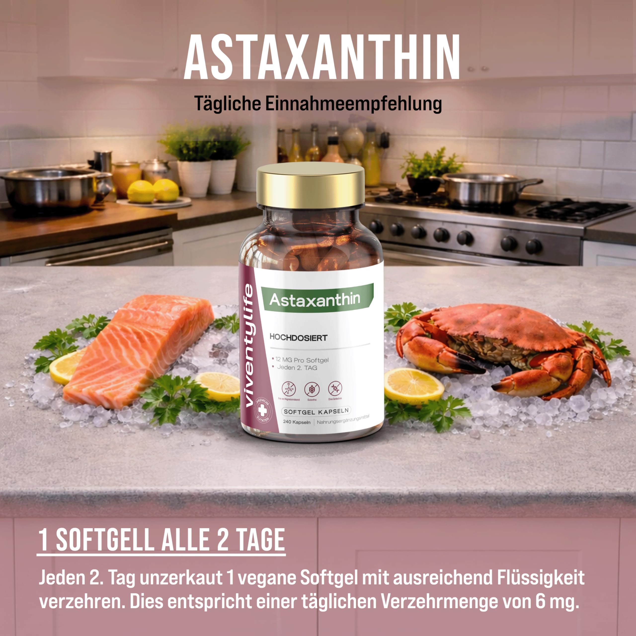 Astaxanthin Hochdosiert 12mg pro Softgel Kapseln, 16 Monate Vorrat, Premium Astaxanthin aus der Blutregenalge (Haematococcus pluvialis) - 240 Kapseln