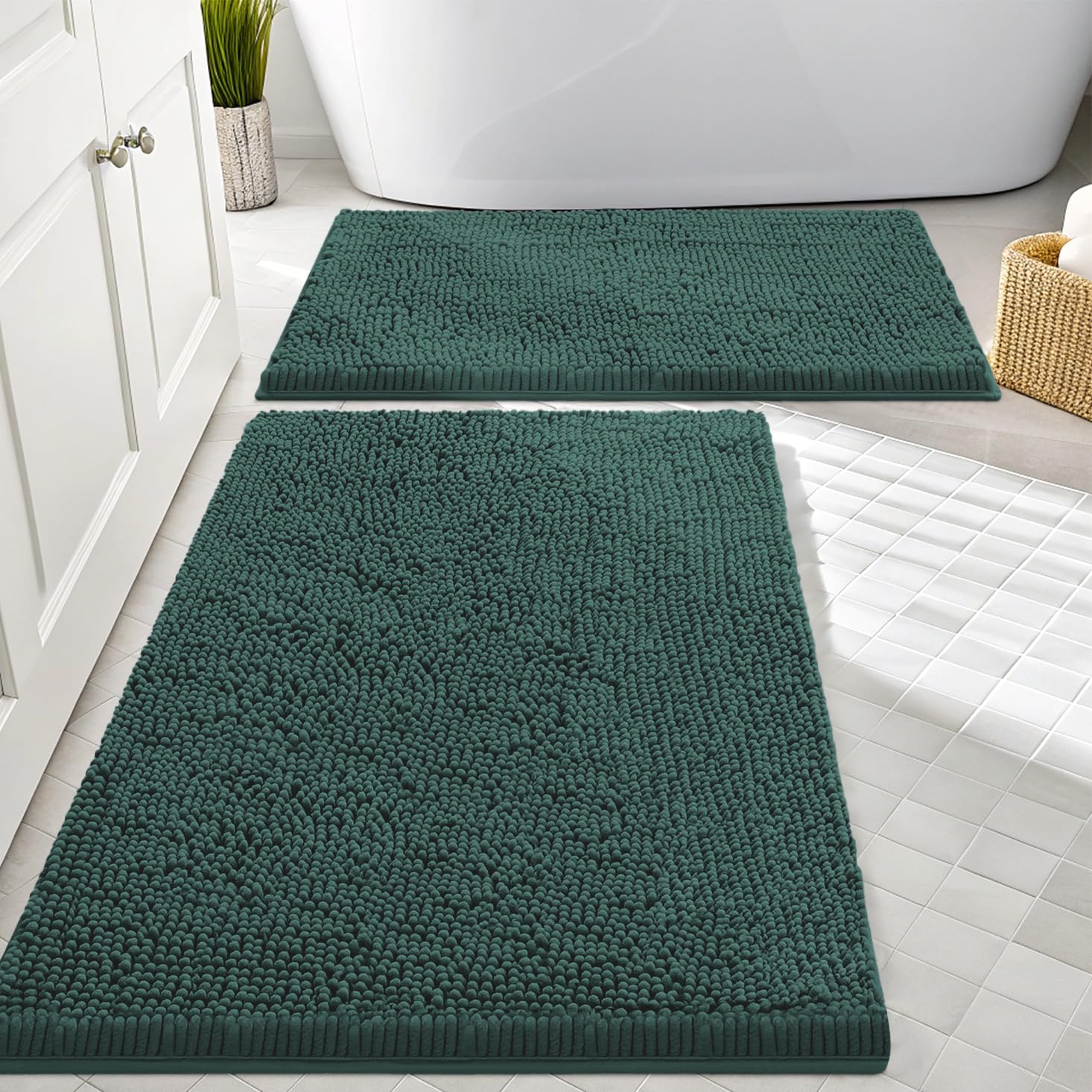 Smiry Chenille Bathroom Rugs Sets 2 Piece (30x20+24x16, Green)