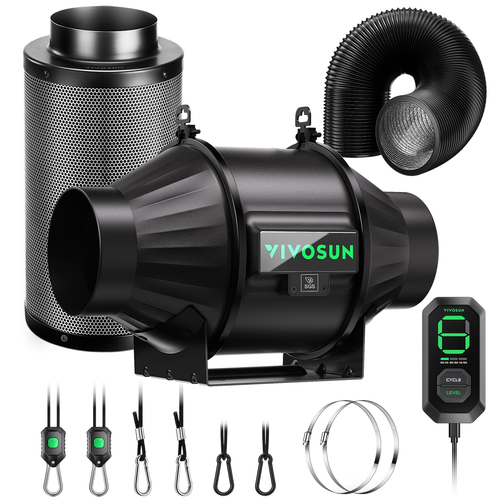 VIVOSUN Smart Air Filtration T4 Kit 4", AeroZesh T4 Inline Duct Fan with E12 Speed Controller, Carbon Filter & 8' Ducting, Cooling & Ventilation System for Grow Tents, Indoor Gardening, Hydroponics