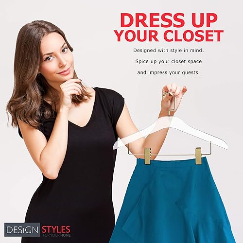 Miniatura 6 de Perchas de acrílico transparente para faldas, paquete de 10 unidades, elegantes y resistentes, 0.5 pulgadas de grosor, organizador de ropa de Dorado