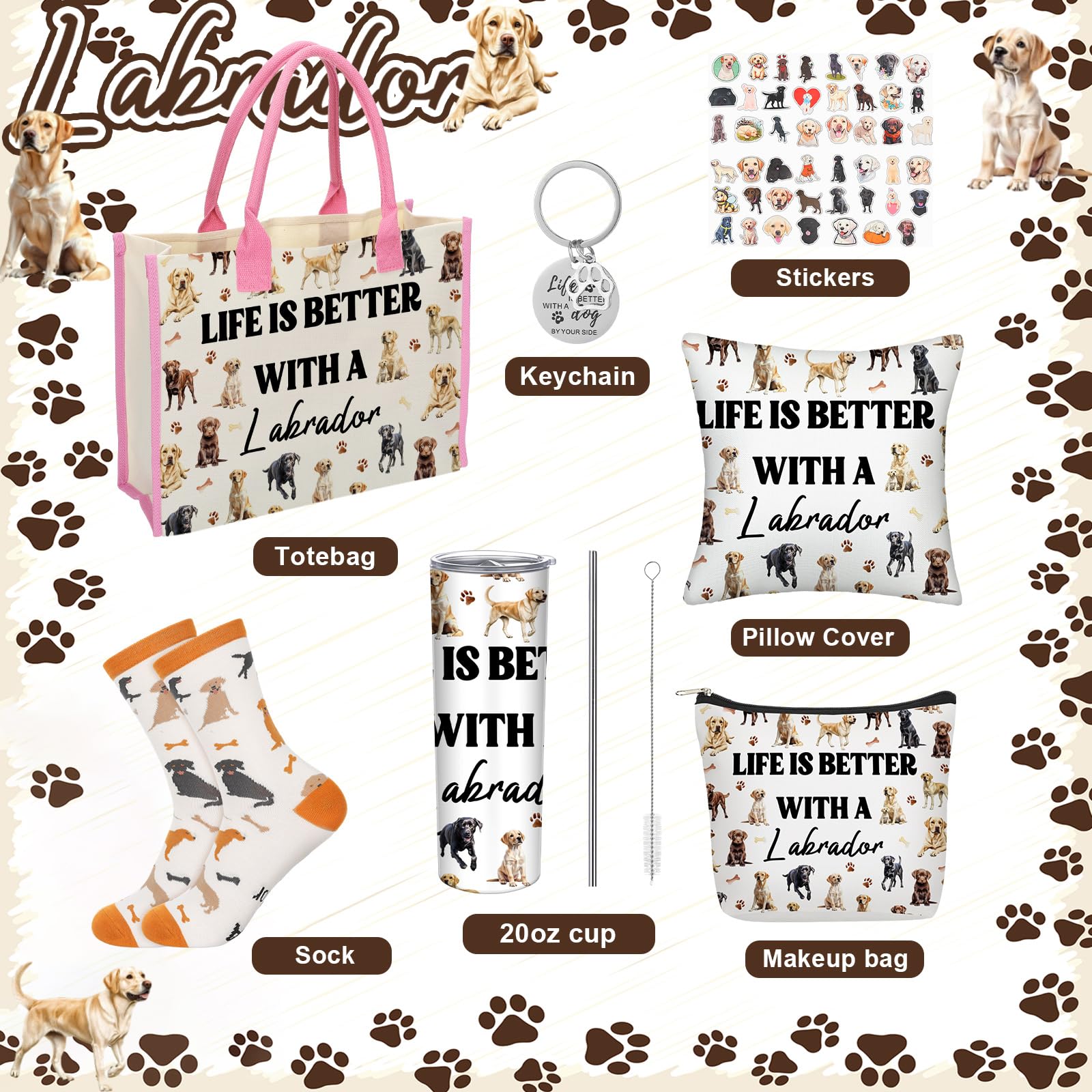 Patelai 56 Pcs Labrador Retriever Gift Set for Dog Mom, Tote Bag 20oz Stainless Tumbler Cosmetic Bag Sock Pillow Cover Keychain 50 Sticker for Women Labrador Lover Gift Dog Mothers Day Party Favors