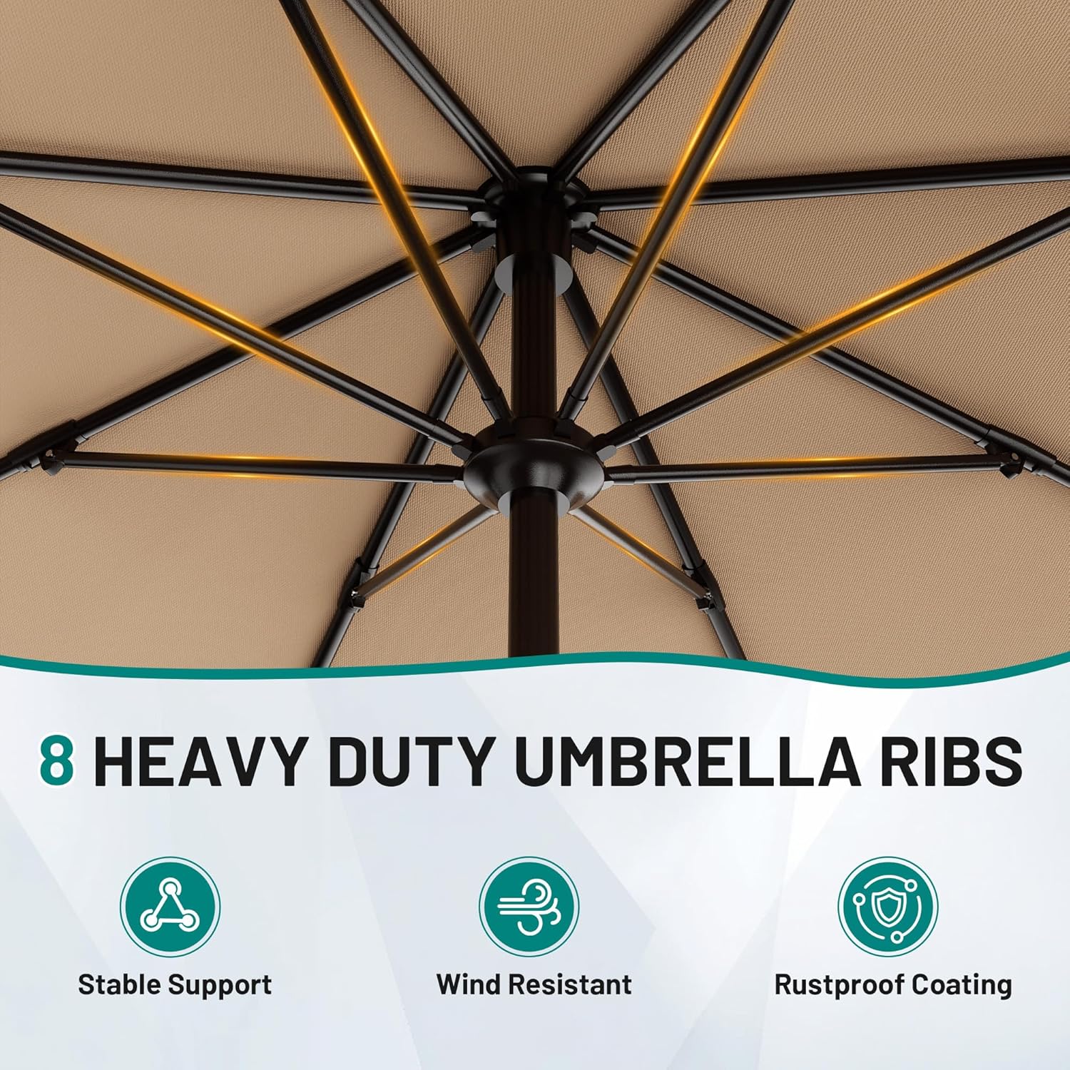 AreShark 9 FT Patio Umbrella for Outdoor, Outdoor Umbrella with Push Button Tilt and Crank, Outdoor Patio Umbrellas with 8 Sturdy Ribs for Market, Garden, Deck, Backyard, Pool (Beige) - Image 3