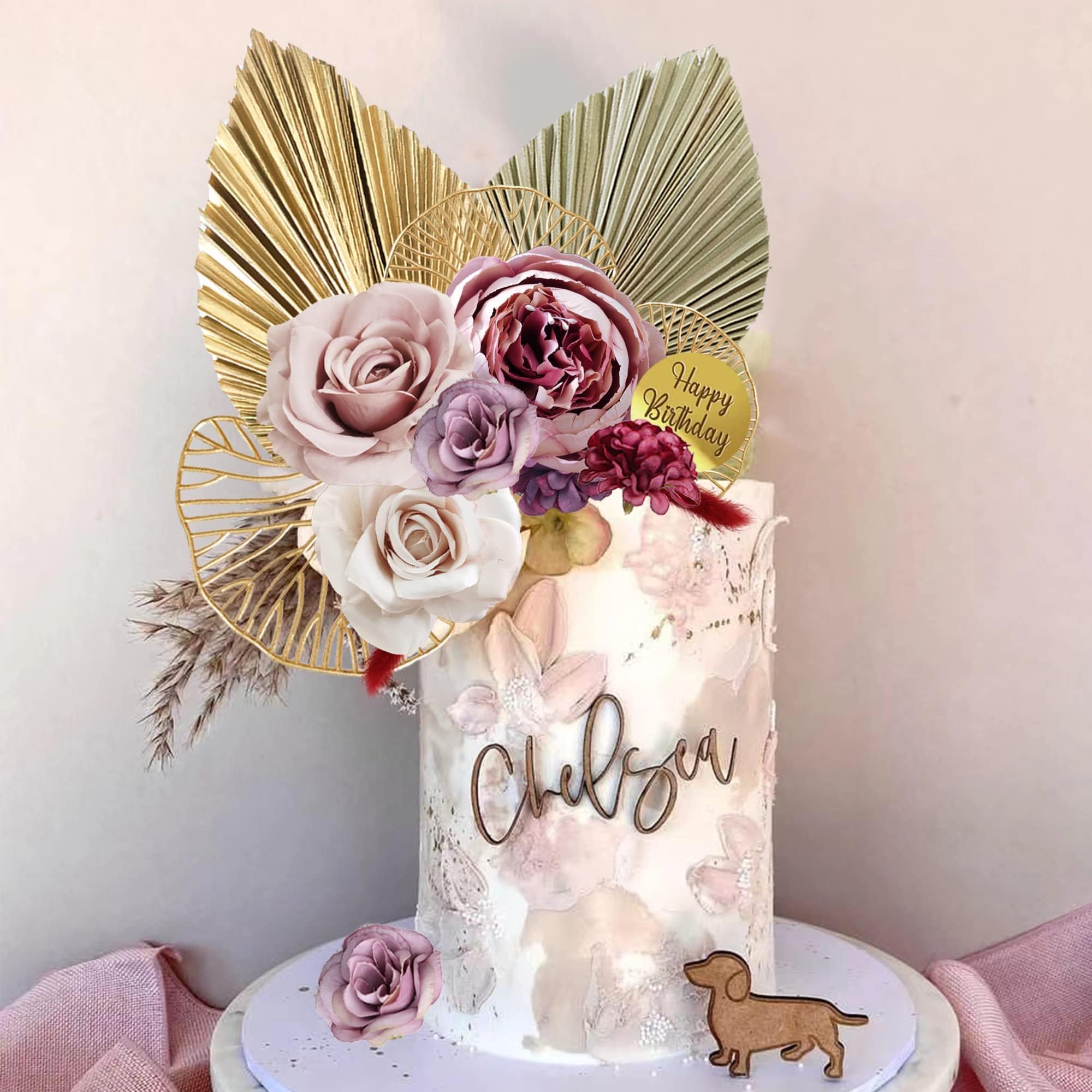 Boho Tortenaufsatz Palmblätter Burgunderrote Blumen Kugeln Kuchen Dekorationen für böhmische Hochzeit Babyparty Geburtstag Party Supplies