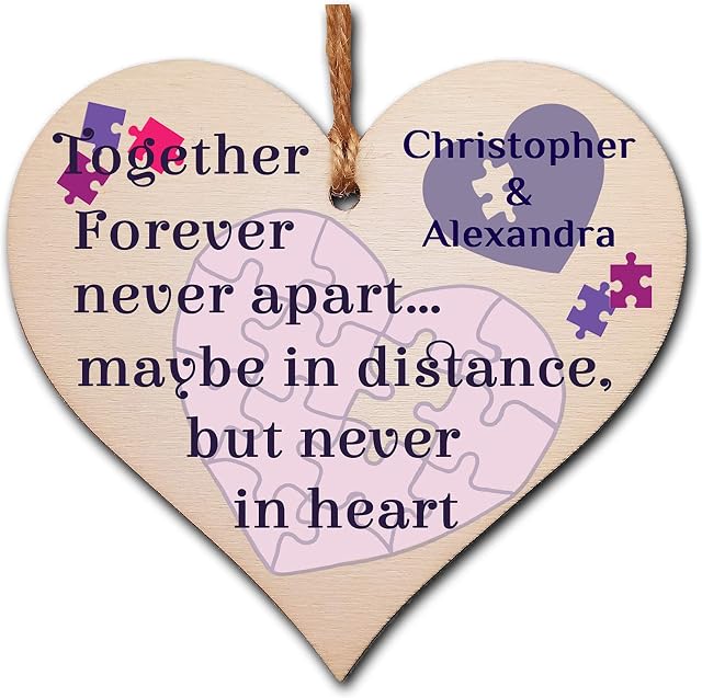 Personalised Handmade Wooden Hanging Heart Plaque Valentine's Gift Together Forever Never Apart jigsaw hearts gift for someone special boyfriend girlfriend husband wife chic romantic keepsake