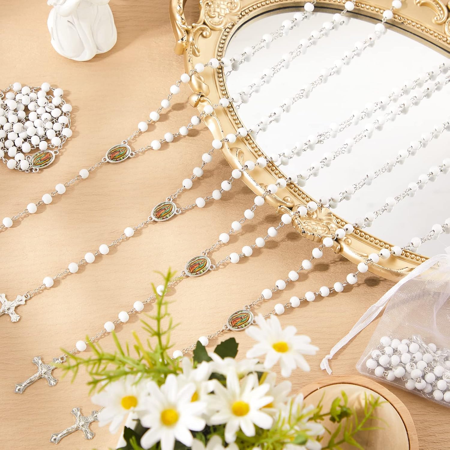 Taiyin 18 Pcs Wooden Bead Rosary Necklace with Crucifix and Our Lady of Guadalupe Scented First Communion Rosary Bulk with Organza Bags Baptism Favors Catholic Gift for Men Women (Black and White) - Image 7