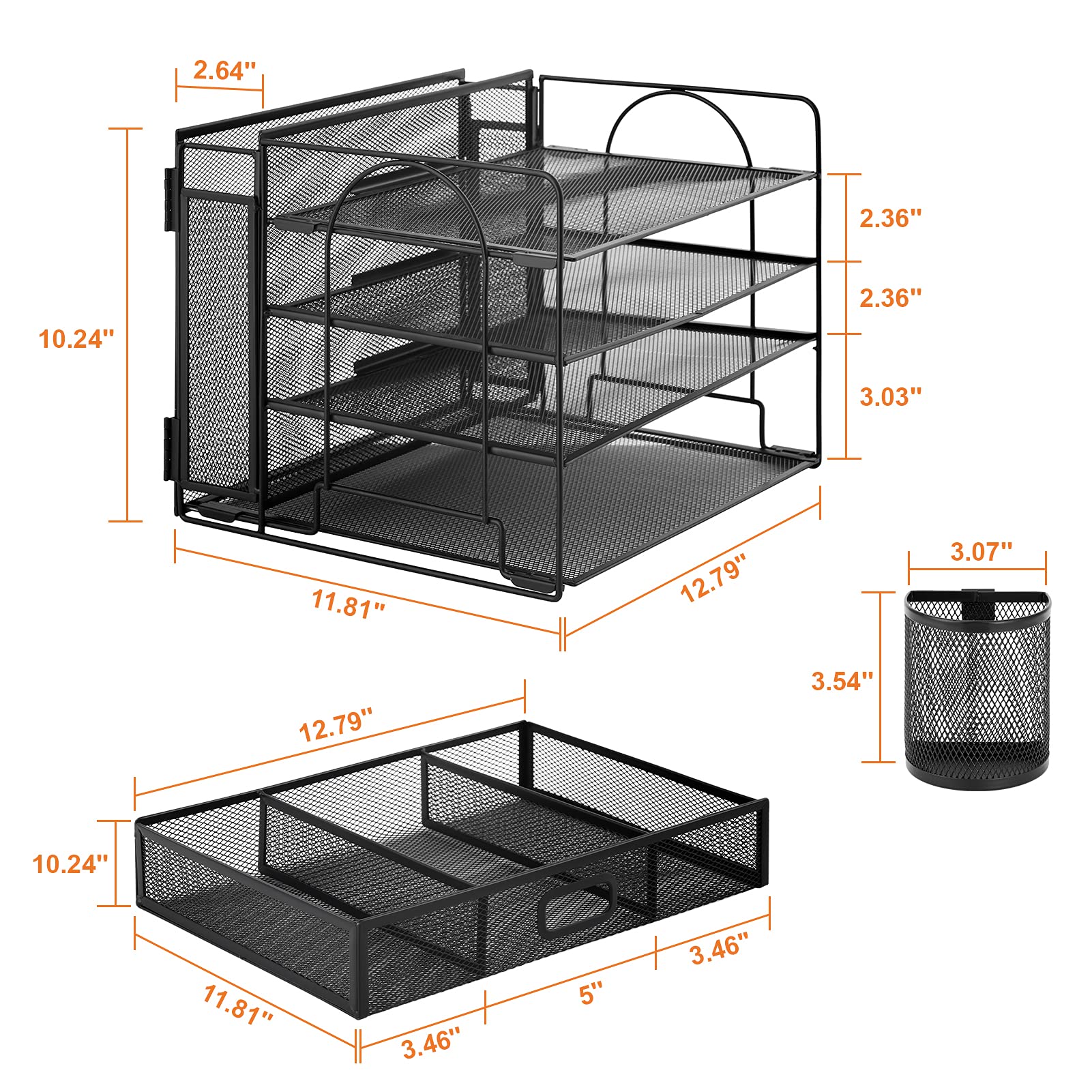 Marbrasse 4-Trays Desk File Organizer with 2 Pen Holder, Desktop Hanging File Holder with Drawer, Paper Letter Tray Organizer, Mesh Office Supplies Desk Paper Organizer for Home Office (Black)