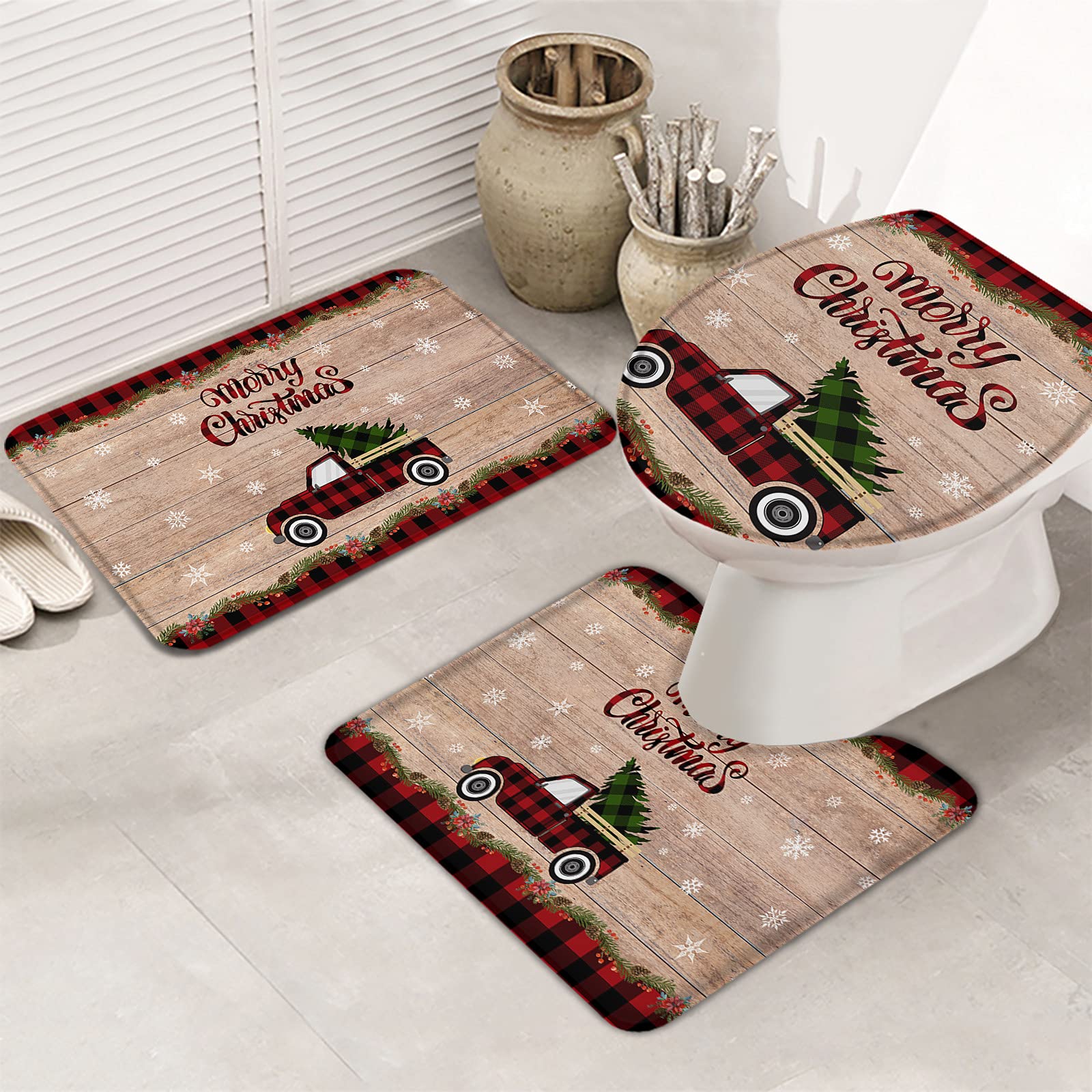 3 Pieces Bath Rug Set Toilet Seat Cover Christmas Buffalo Check Plaid Truck Tree Xmas Snowflake Contour Rug,Pedestal Mat and Toilet Lid Cover,Non-slip Bathroom Floor Mat 20