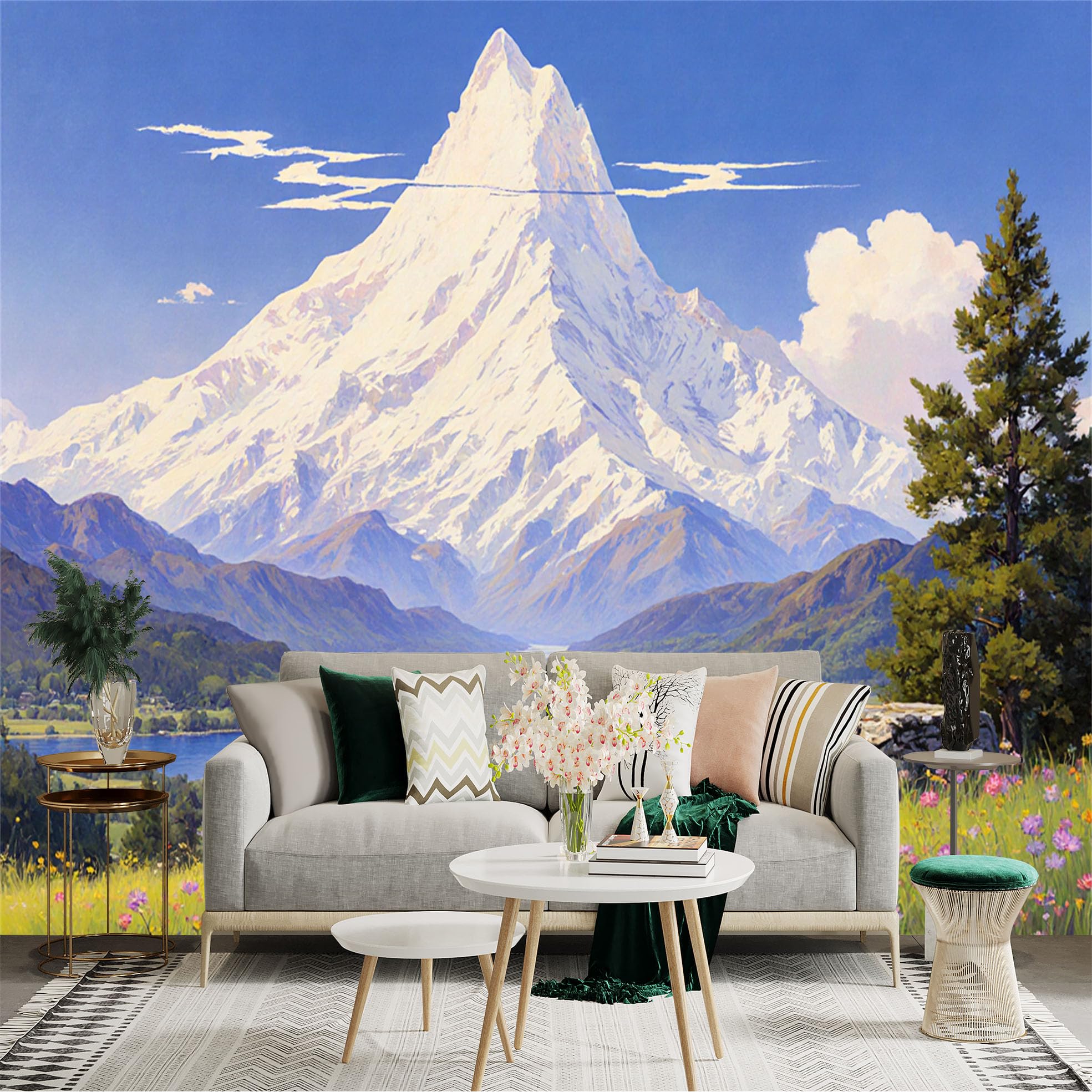 Custom Size Wall Sticker Mural， Man Sitting in Meadow with Snow Mountains and River Valley， for wall Decoration， peelandstick wall Decals.