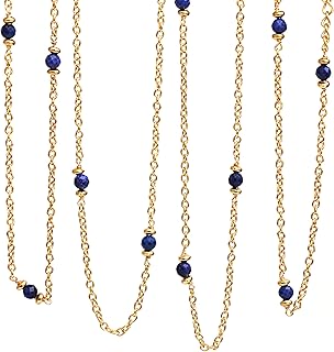 Gempires Lapis Lazuli Station Necklace, Long Crystal Necklace, September Birthstone, Beads Jewelry, Handmade Jewelry, 14k Gold Plated 36 inch Adjustable Chain (Lapis Lazuli)