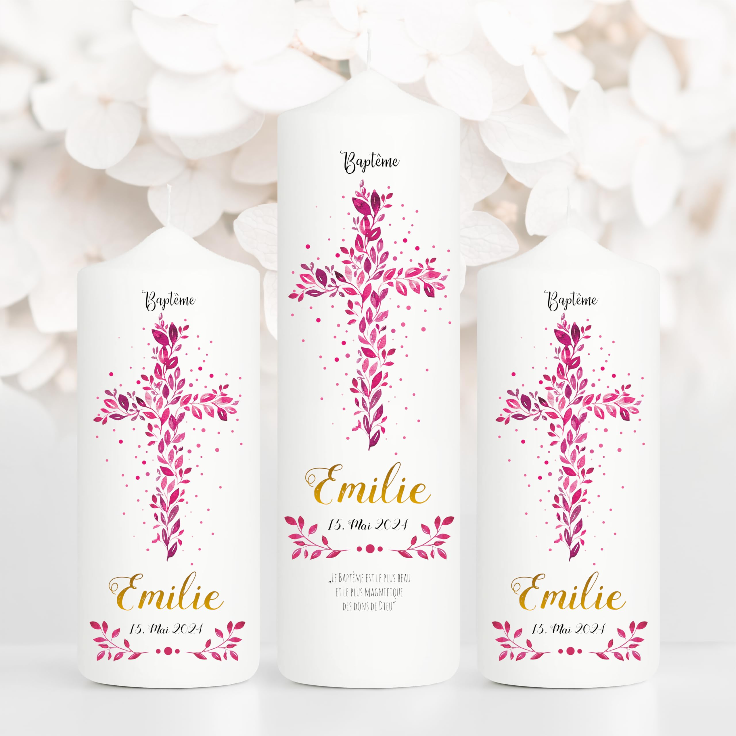 Bougie Baptême personnalisée Fille motif Croix florale rose – Cierge Baptême avec prénom et date – Cierge de parrainage – Bougie imprimée – Cadeau parrain marraine – 18 x 7 cm