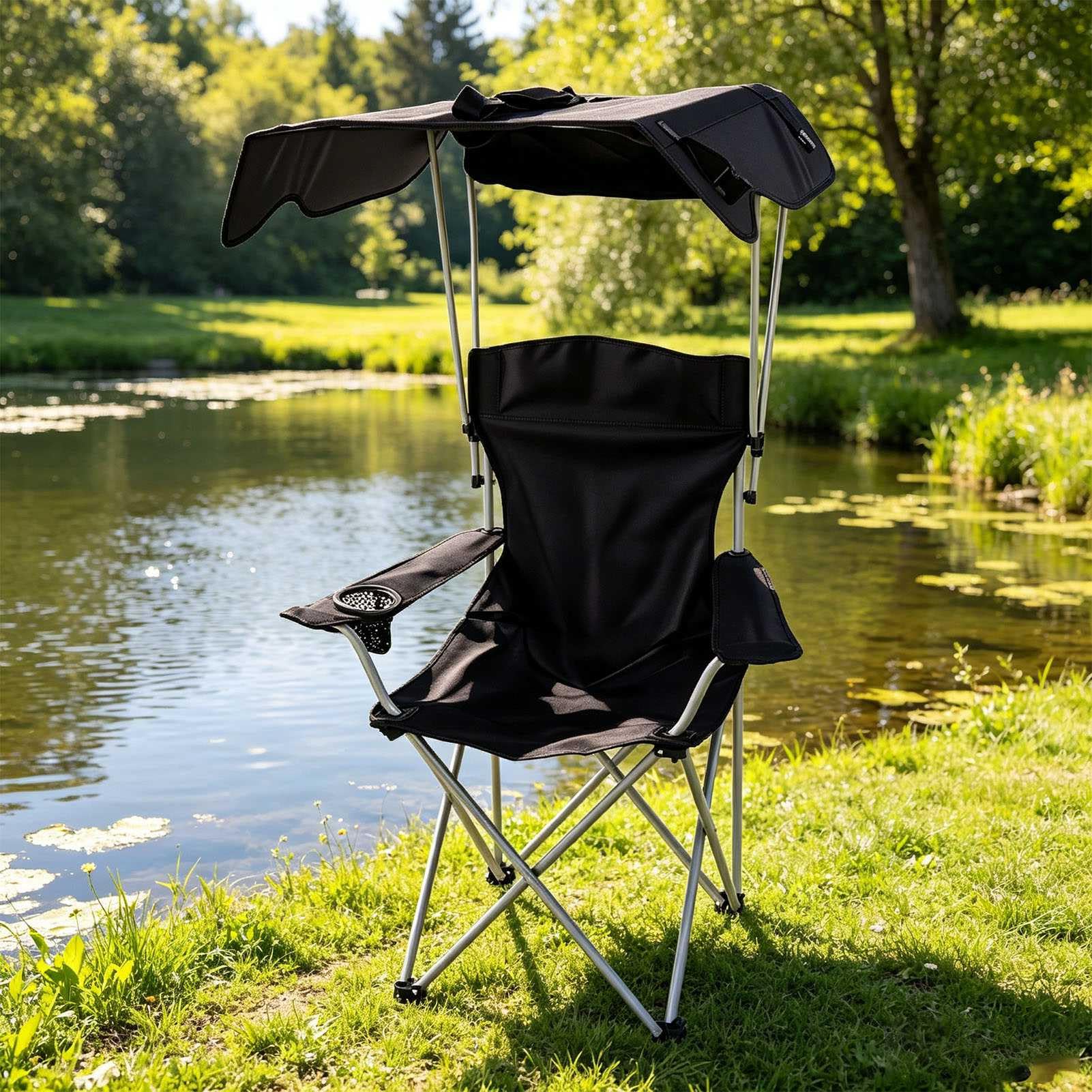 Składane Krzesło Kempingowe z Baldachimem Przeciwsłonecznym Oddychający materiał Ułatwiający Transport Wędrówki Po Plaży Tkanina Oxford 600D