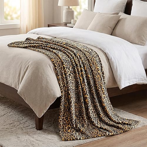 Miniatura 5 de MACEVIA Manta de franela de vellón King para sofá, estampado de leopardo para adulto, mullida, acogedora, suave y esponjosa, guepardo para cama y