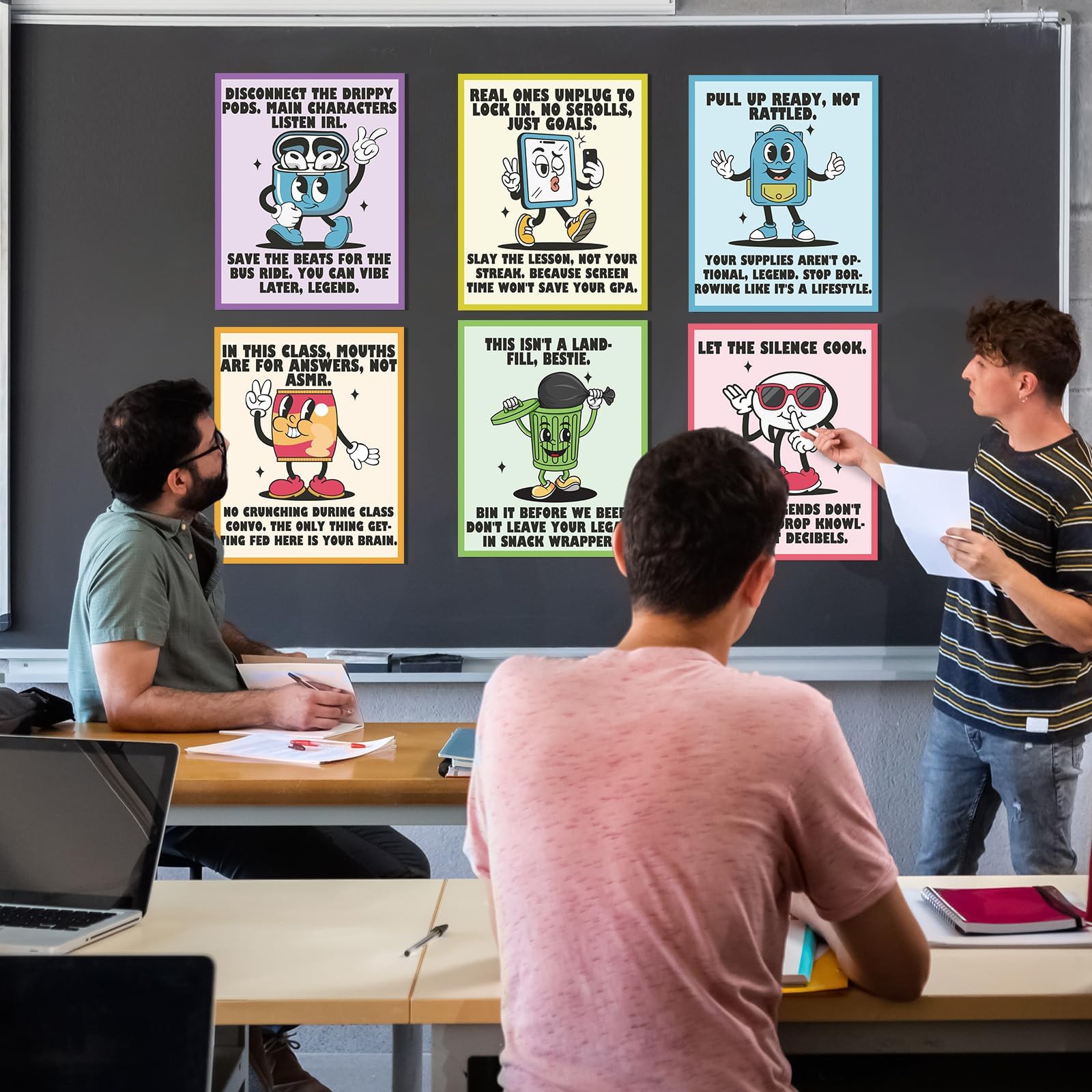 Lustiges Klassenzimmer-Regel-Poster-Set, motivierende Klassenzimmer-Dekorationen, niedliche Cartoon-Bilder, Wandposter, inspirierende Klassenregeln, pädagogische Poster für Grundschullehrer, 12 Stück