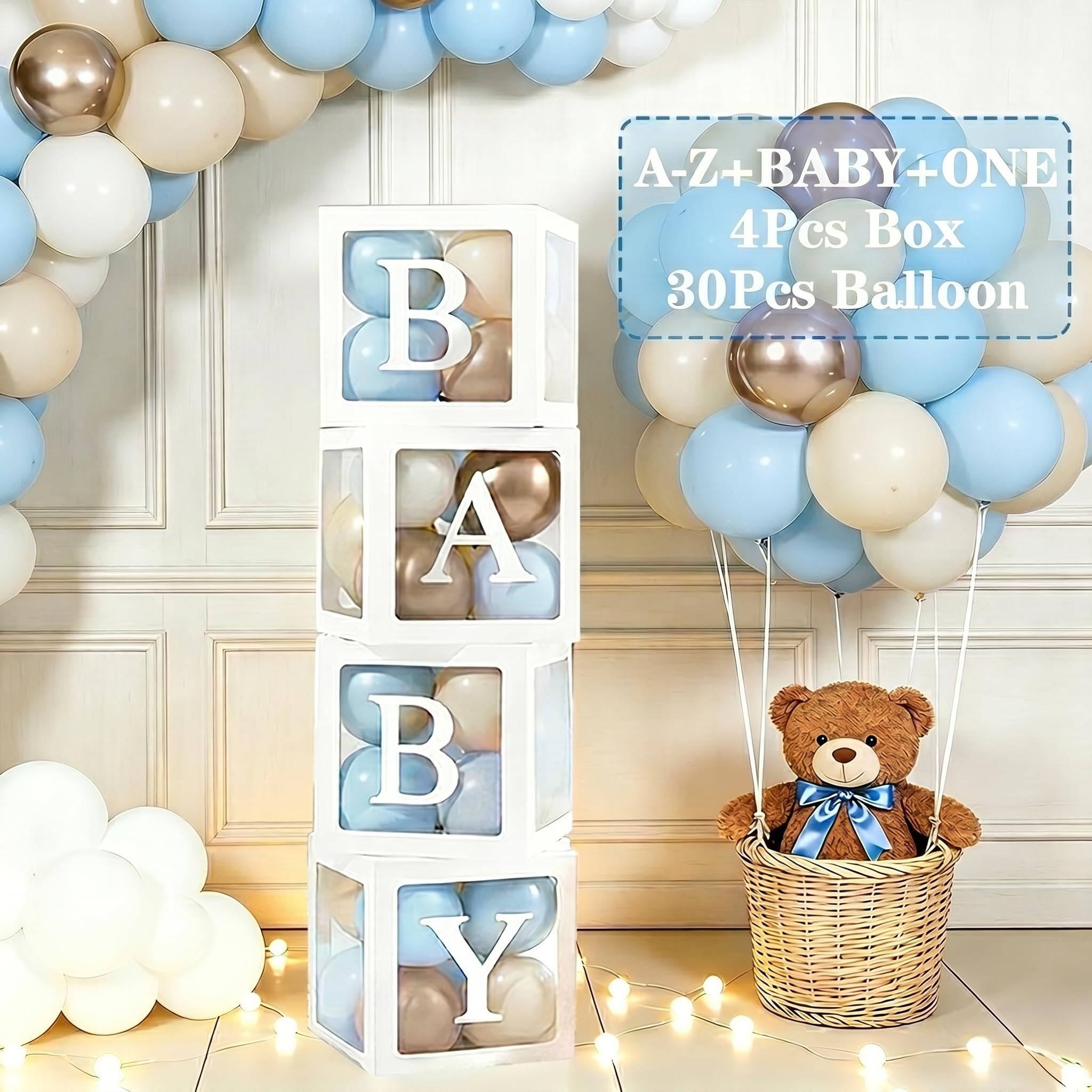 67Pcs Blue Baby Balloon Boxes for Baby Shower Decorations, 4 Clear Balloon Boxes with 30 Blue Gold Balloons & 33 Letters, Baby Blocks for Baby-Shower Boy Birthday Party Christening Decoration DIY Name