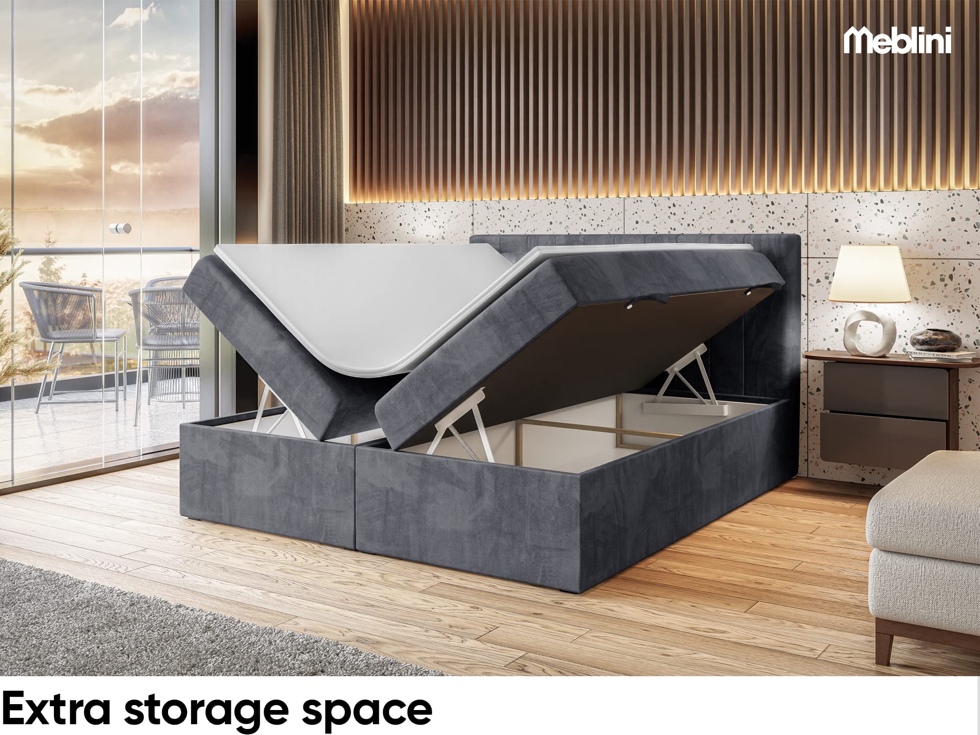 MEBLINI Boxspringbett mit Bettkasten - Bett mit LED Kopfteil - Gepolstert Doppelbett mit Matratze und Topper - Polsterbett mit Stauraum - Stauraumbett - ASPIN - 160x200 - H4/Dunkelgrau Samt