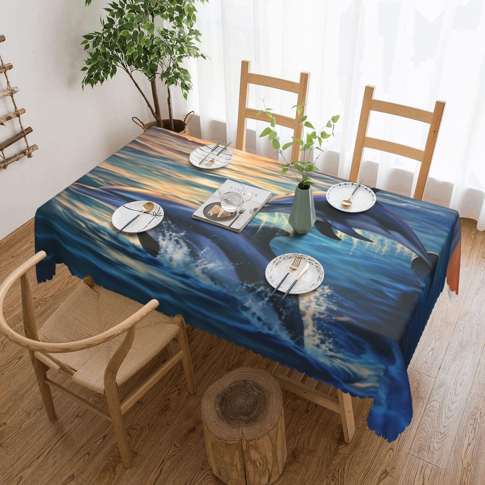 Nappe rectangulaire dauphins dans la mer 137x183 cm douce et lavable
