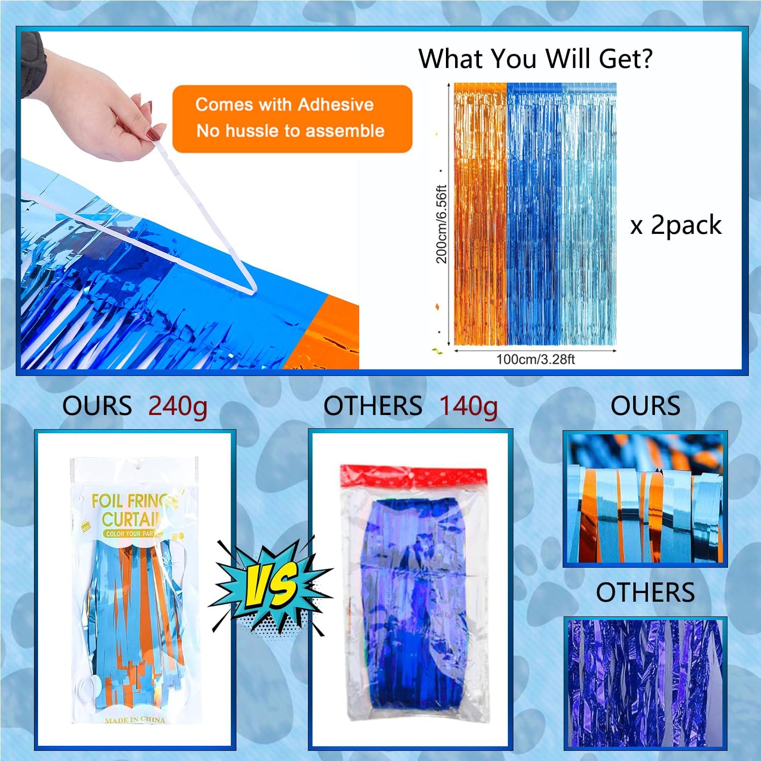 Blue Dog Birthday Party Supplies, 2 Packs 3.3x6.6 ft Foil Fringe Curtains, Orange Light blue Tinsel Metallic Streamers, Photo Booth Props Streamer Backdrop for Blue-yTheme Party Decoration