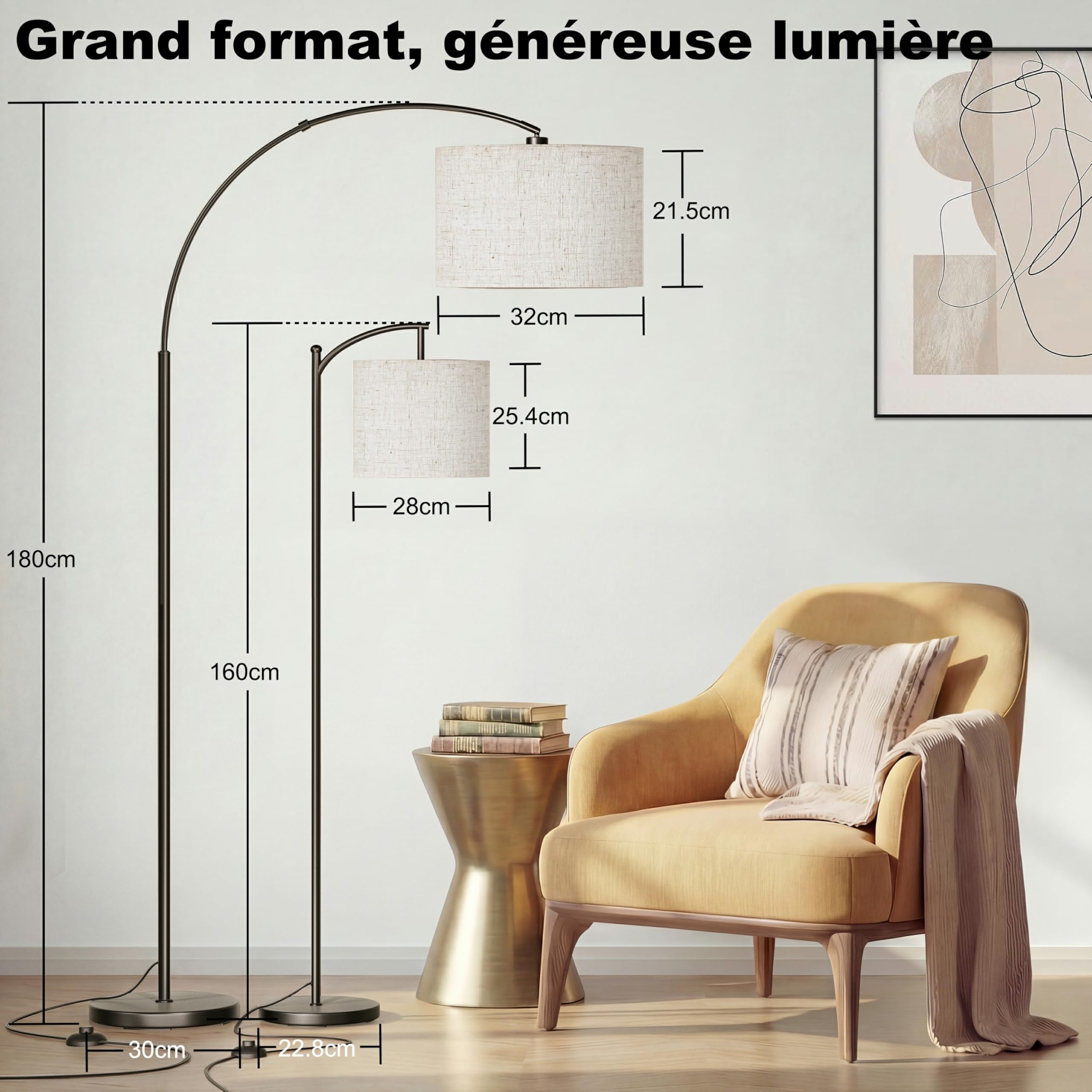 Moderne Bogen-Stehlampe für Wohnzimmer, 3-stufige Farbtemperatur (3000K/4500K/6000K) per Fußschalter, 180 cm höhenverstellbare Bogen-Leselampe mit E27 LED-Lampe für Schlafzimmer, Büro, Beige