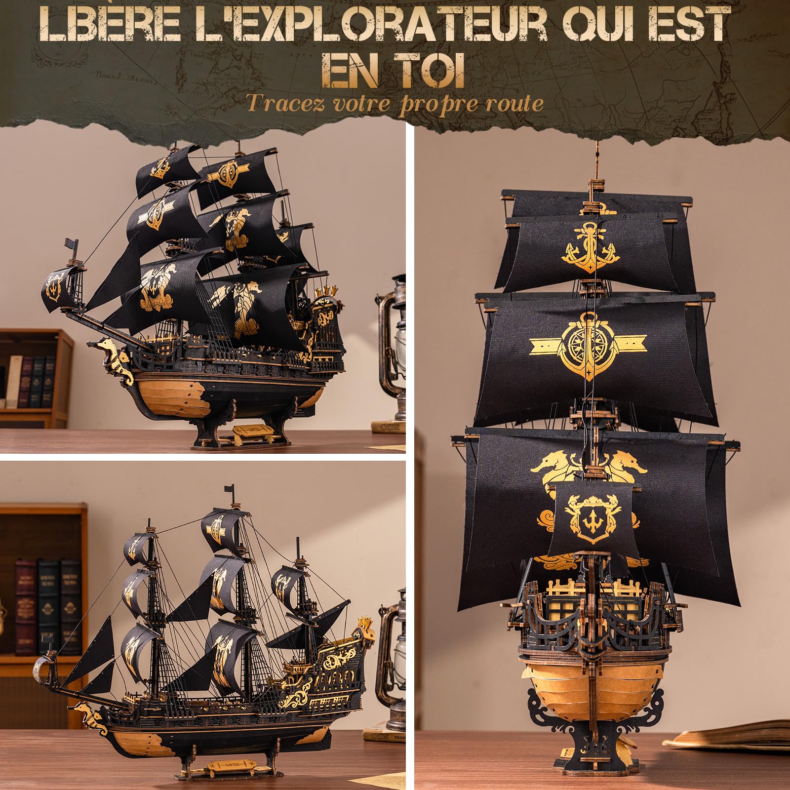 ROKR Puzzle 3D Bois Barque Hippocampe MCB02 Maquette Bateau Adulte Construire Kit Modélisme Décoration Bureau Maison Cadeau Homme
