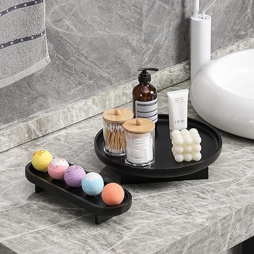 Miniatura 4 de FERAHI Bandejas decorativas para decoración del hogar 2 bandejas negras para mesa de café bandeja redonda de madera para servir bandeja de tocador