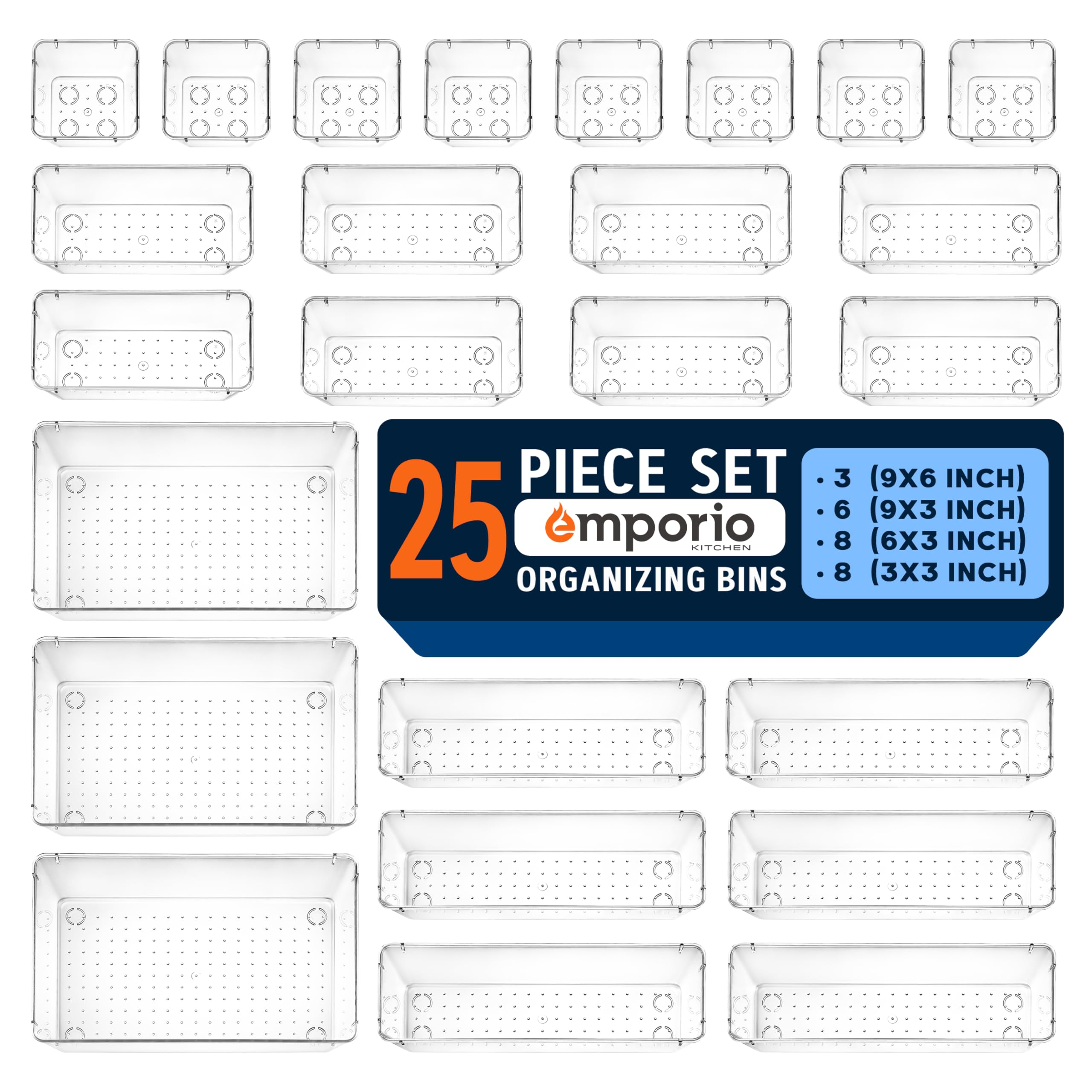 Emporio Kitchen Drawer Organizer Set - Includes 3-piece 9x6" bins, 6-piece 9x3" bins, 8-piece 6x3" Bins, 8-piece 3x3" Bins, Stackable 4 Size Storage