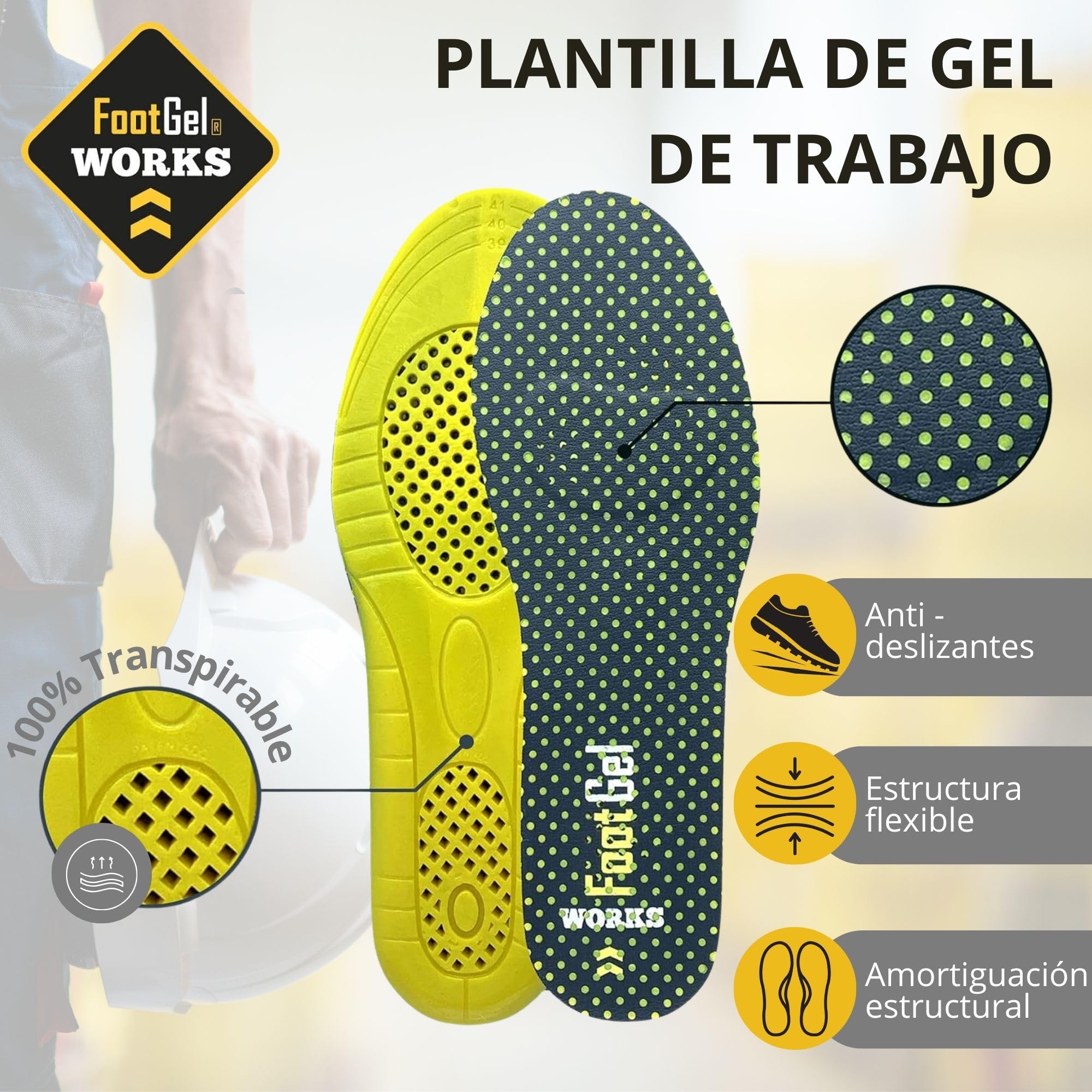 Plantillas Gel Works® | Plantillas Trabajo Hombre/Mujer Uso Diario Transpirables, Cómodas | Estabilizadoras, Previenen Dolores en Pies, Rodillas y Lumbares | Naranjo, Tallas 43 a 46