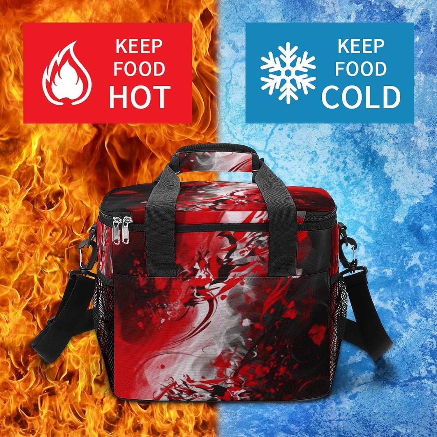 Large-Capacity Oxford Cloth Red Black White Abstract Printed Camping Ice Bag, Outdoor Portable Insulation and Cold Storage Bag, Enjoy A Cool Camping Time