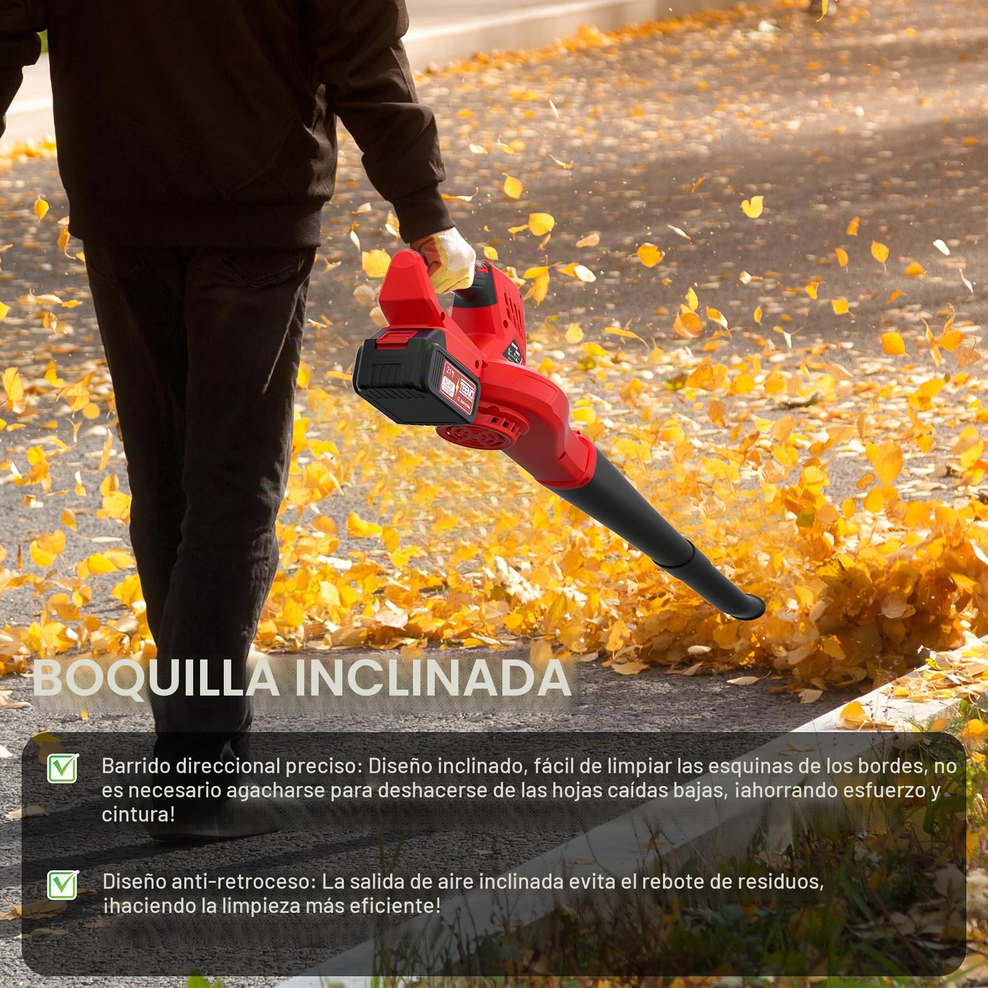 Soplador de Hojas TEENO Eléctrico, 6 Velocidades (210 km/h), 4Ah *2, Tubo Desmontable y Boquilla Ajustable, para Jardín, Hogar y Uso Profesional, Compatible con baterías Makita