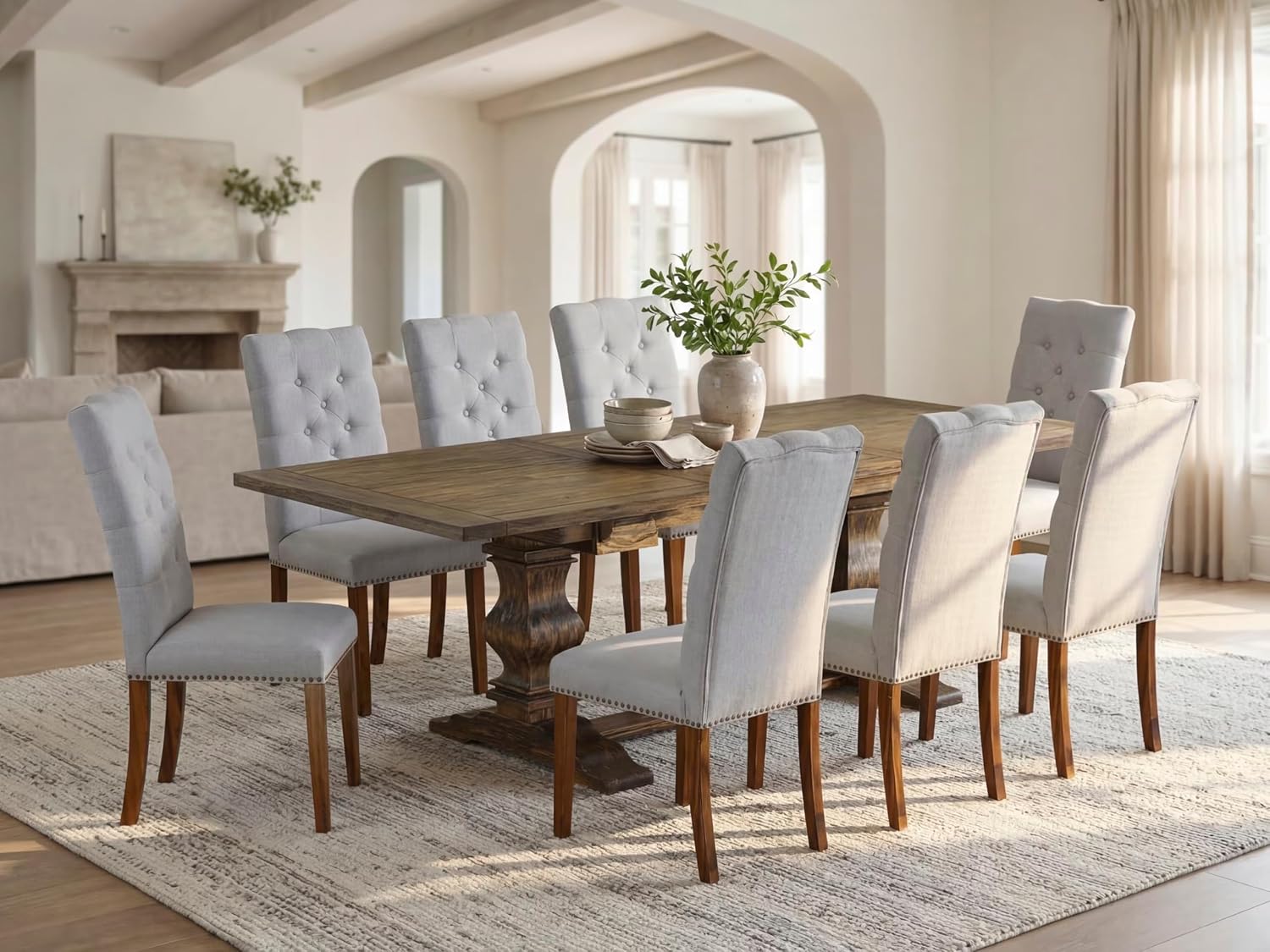 East West Furniture LAEL9-78-05 9 Piece Dining Set Includes a Rectangle Dining Room Table with Removable Leaf and 8 Grey Linen Fabric Upholstered Chairs, 42x92 Inch, Jacobean