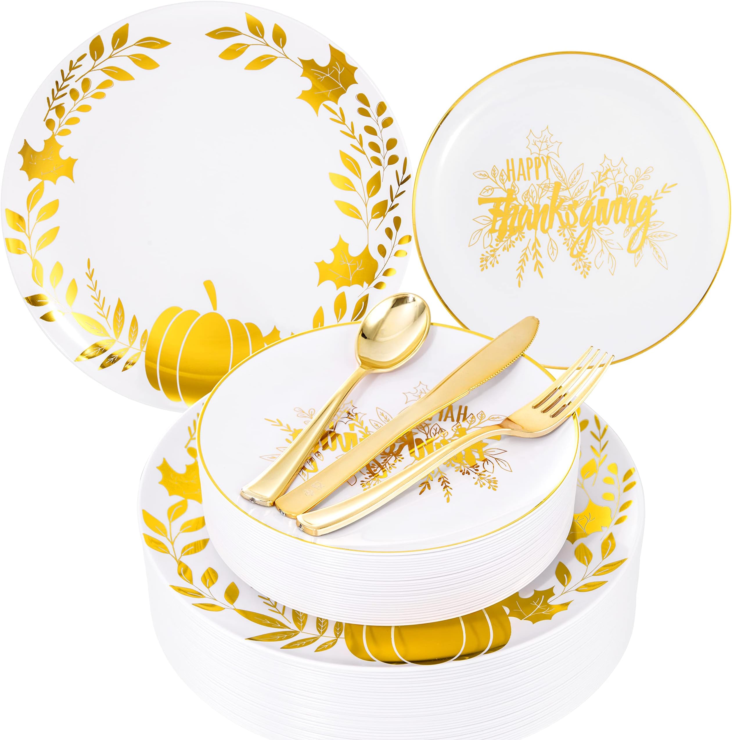 Hioasis 175pcs Thanksgiving Plastic Plates White and Gold