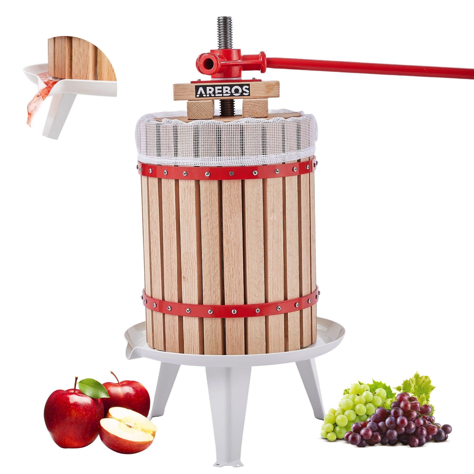 Arebos Obstpresse 18L | Manuelle Saftpresse I Beerenpresse inkl. Presstuch, Druckplatte und Metallspindel I Für jegliche Arten von Saft & Gemüse