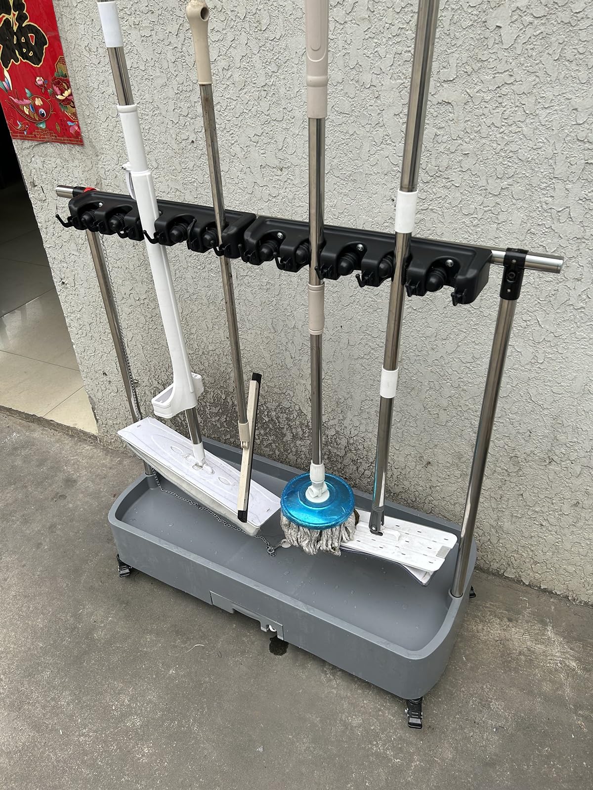 Soporte para escobas esquineras para el hogar, carrito de herramientas de limpieza resistente para lavandería, cobertizo y jardín, almacenamiento de herramientas de garaje con ganchos, clip