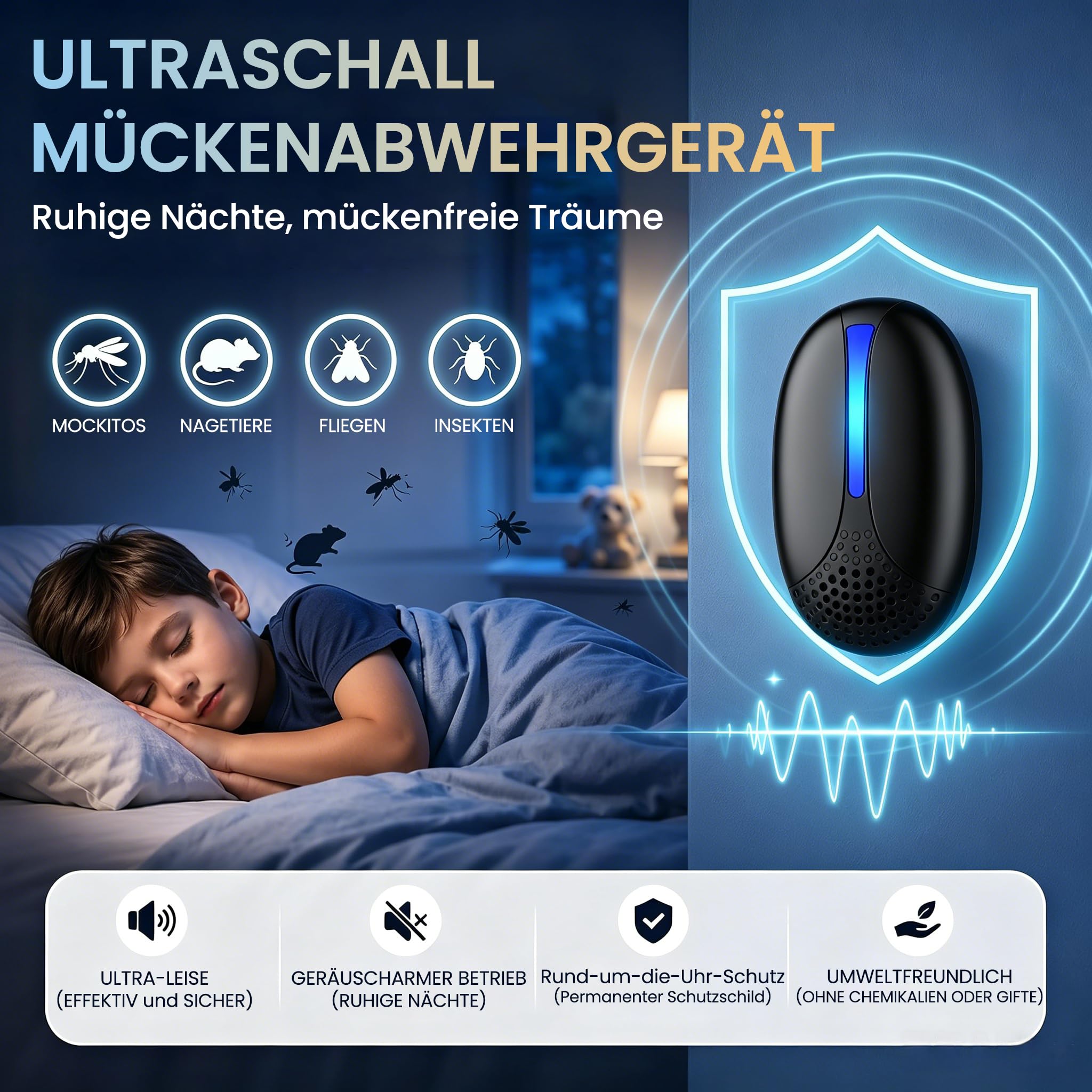 Ultraschall Schädlingsbekämpfer 6er Set – Plug-In Mäuseabwehr & Elektronischer Insektenvertreiber gegen Mäuse, Ratten, Mücken, Kakerlaken, Spinnen – Für Innenräume（Schwarz）