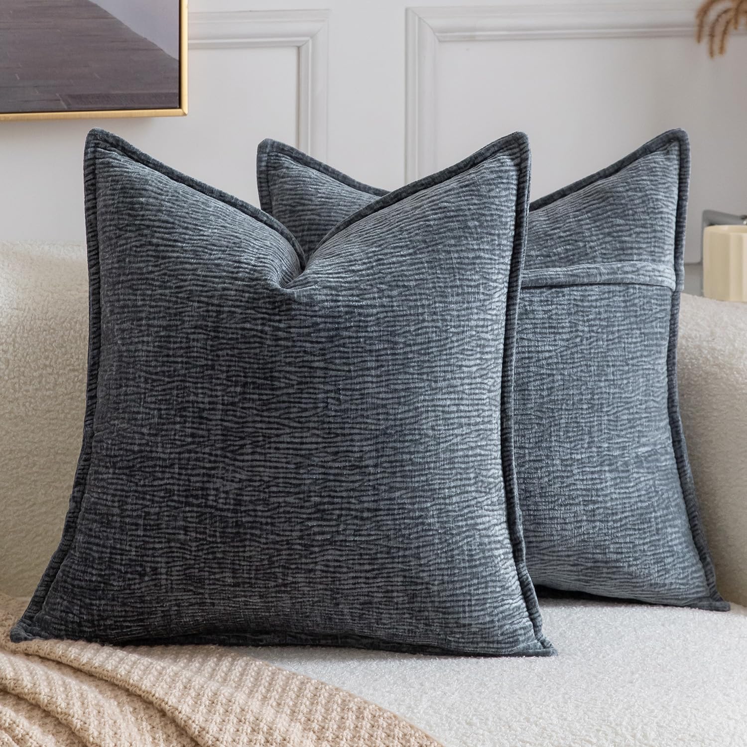 Madizz Pack of 2 Decorative Cushion Covers Soft Chenille Throw Pillows Solid Textured Euro Sham Covers for Couch Sofa Bedroom Living Room 60x60 CM, Grey Blue