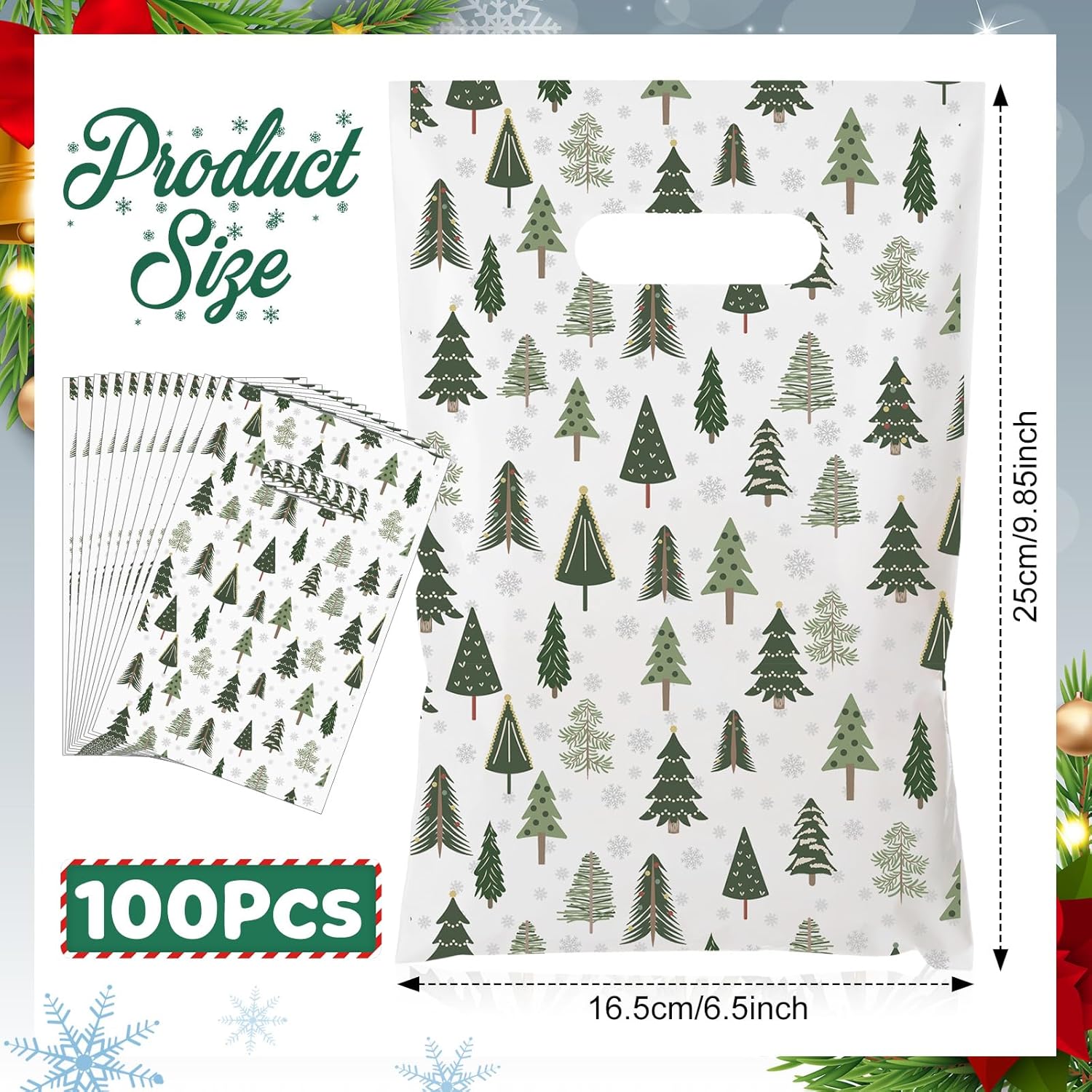 GliCraft 100 Pcs Christmas Tree Gift Bags with Handle Green Plastic Xmas Tote Bag Bulk for Party Packaging Goody Snack Holiday Wrapping Winter Wedding Birthday Decoration Favors Supplies, 9.84''x6.5'' - Image 3