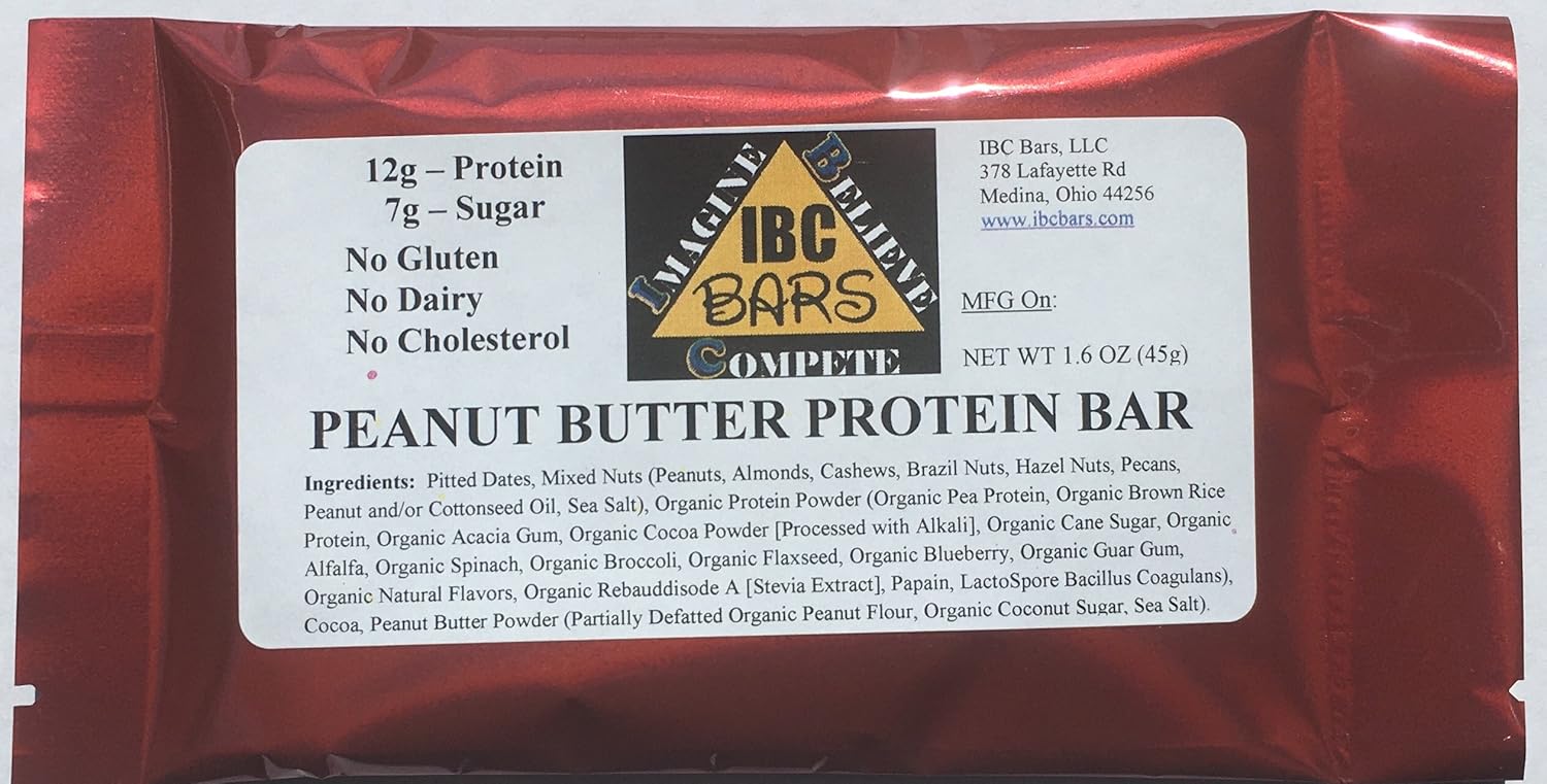 IBC Peanut Butter Protein Bar, (Case of 12 Bars) -- ALWAYS 100% Gluten, Dairy, Soy and Cholesterol FREE -- Vegan and Non-GMO -- 12g Protein - 7g Sugar - 158 Calories