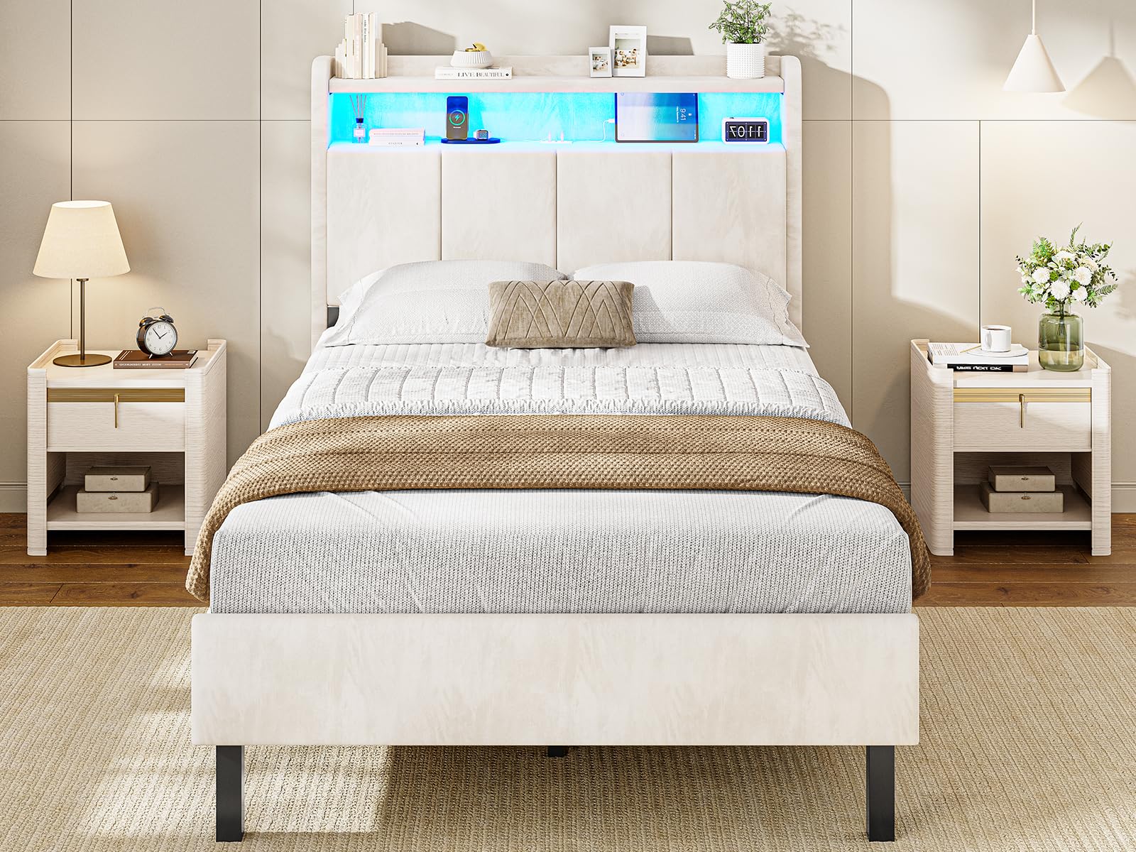 AOGLLATI Letto Singolo con Contenitore 90x190, Letto Singolo Imbottito con Ampio Spazio di Stivaggio, Struttura Letto Contenitore con Luci LED Regolabili e Stazione di Ricarica, Velluto Beige