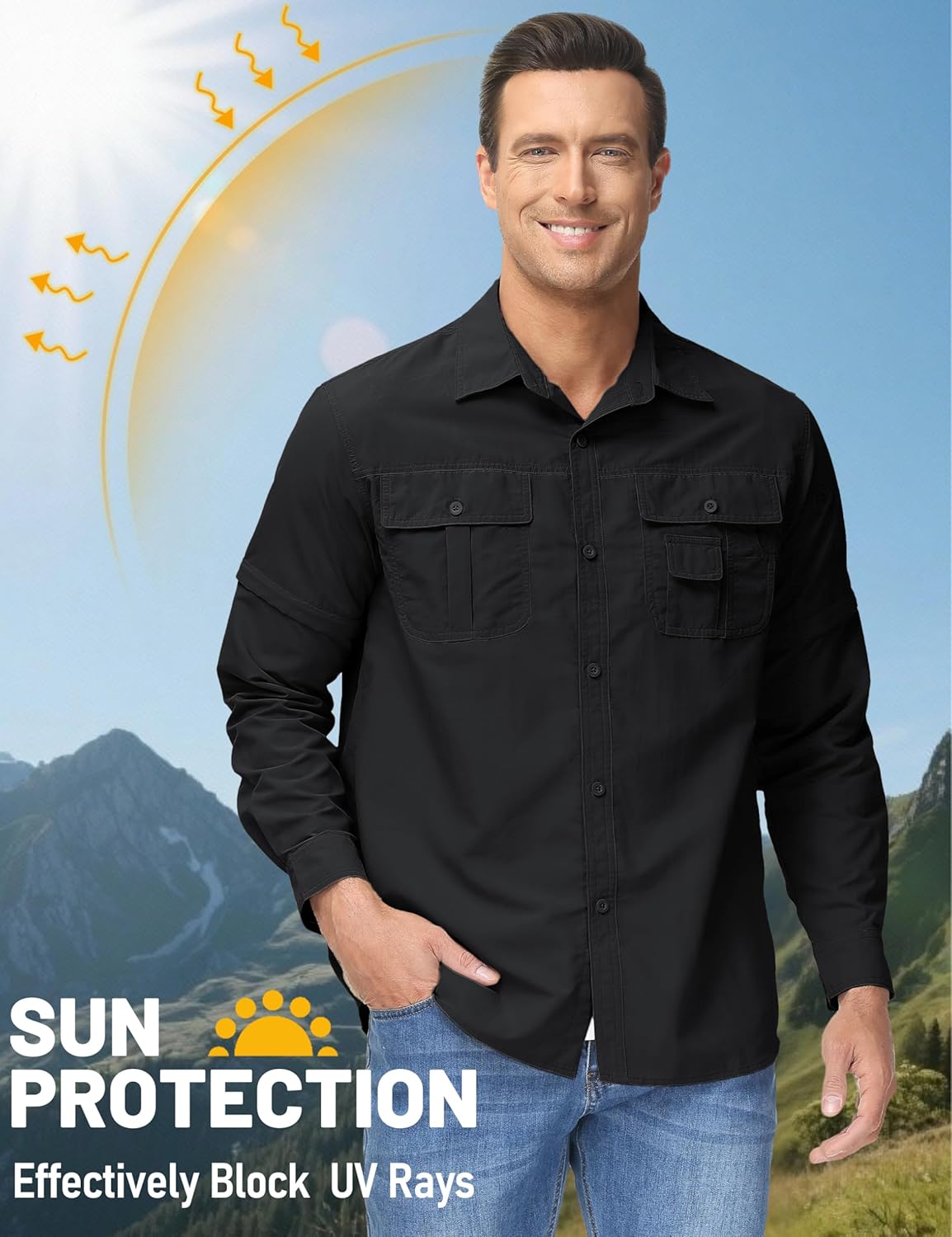 TACVASEN Men's Convertible Long Sleeve Fishing Shirts Lightweight Quick Dry Button Up Tactical Sun Shirts for Safari Hiking