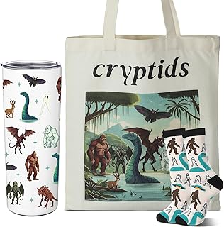 Patelai 3 Pcs Cryptid Gift Set for Men Women 21 oz Stainless Steel Cup Mothman Bigfoot Loch Ness Monster Canvas Bag Socks for Christmas Birthday Gifts for Mom Sister Teen Girl Cryptid Lover