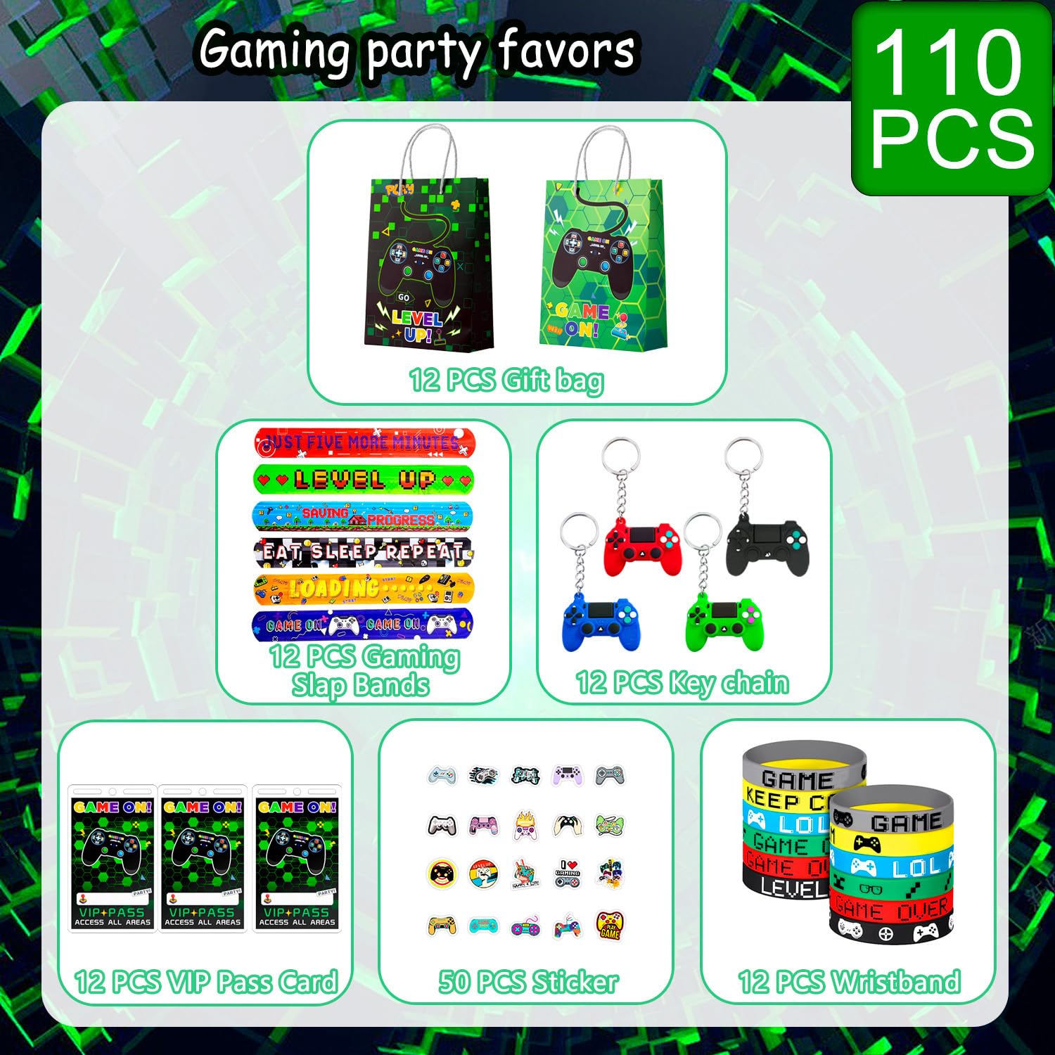 Bomboniere Videogiochi Feste di Compleanno, 110pcs Set di Gaming Festa Bomboniere Includere Sacchetti Regalo per Videogiochi Portachiavi Adesivi Braccialetti etc Regalo a Tema di Gioco per Bambini