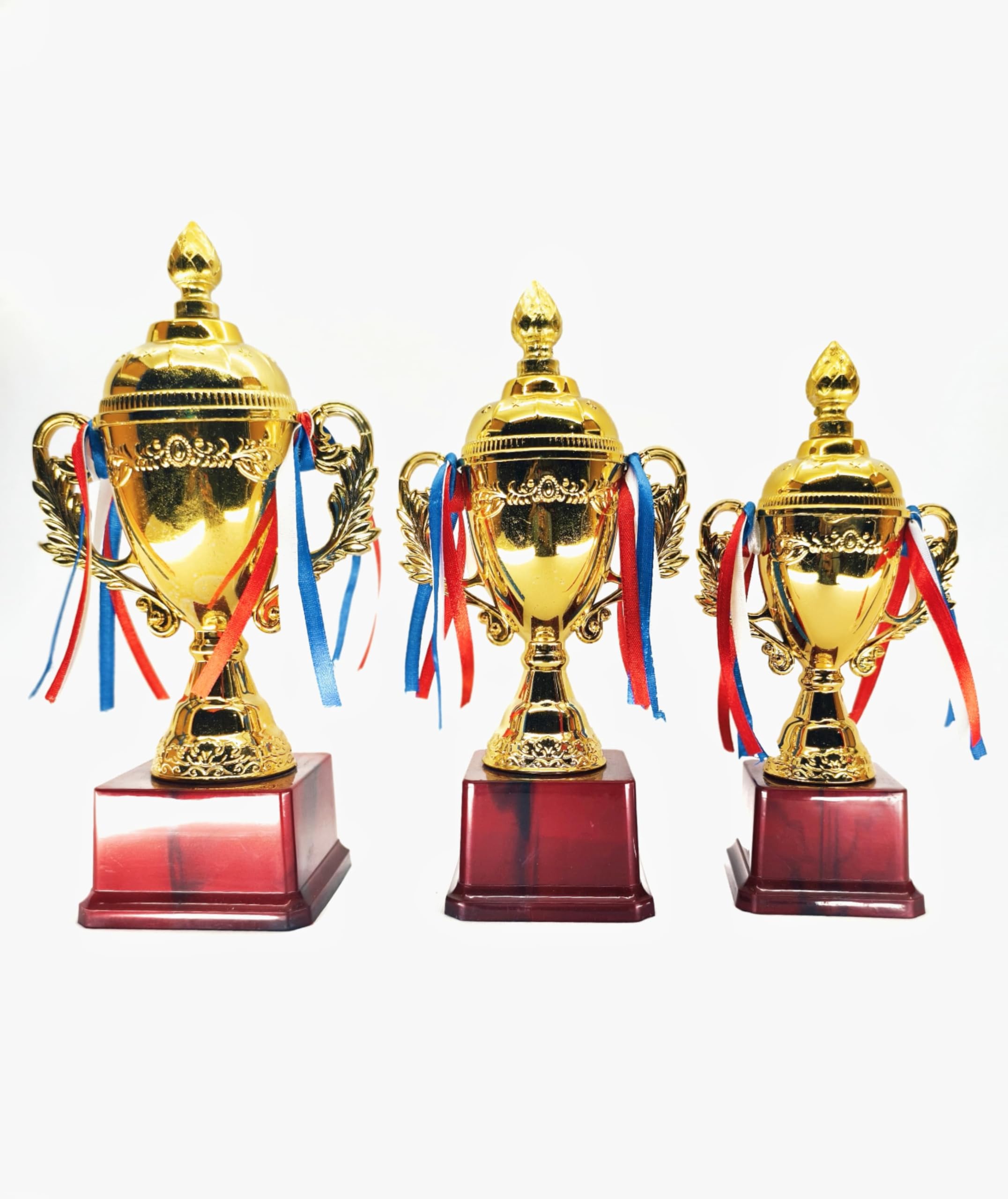 Gold Trophy Set with Ribbons, 3 Piece Championship Awards with Wooden Base, Red and Gold FC 34 Combo-image-1