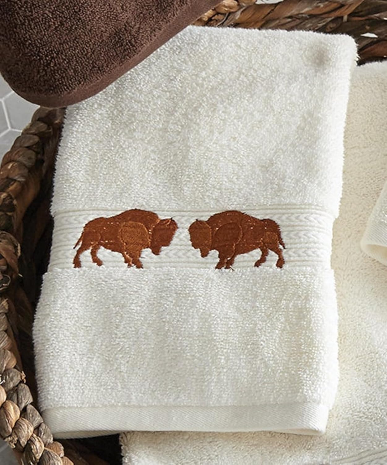BLACK FOREST DECOR Buffalo Ridge Ivory Hand Towel – 100% Cotton Western Embroidered Towel with Buffalo and Skull Design, Rustic Lodge Bathroom Décor, 16”W x 30”L, Machine Washable