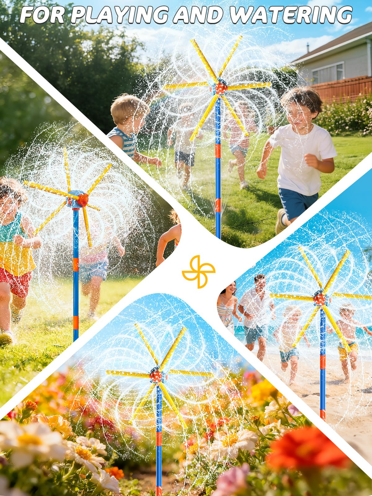VATOS Aspersor de Molino 59 Pulgadas, Juguete de Exterior para Niños – Doble Cara con 6 Aspas & 54 Boquillas, Giro 360° – Juego de Agua para Niños, Mascotas y Riego del Césped