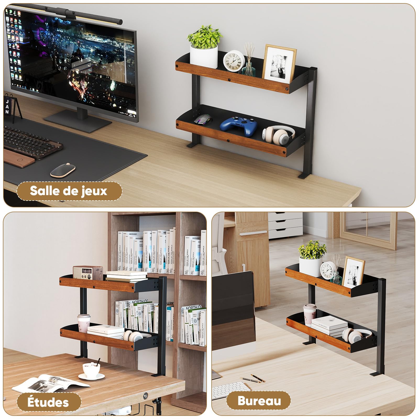 bimiti Organisateur de Bureau à Pince 2 Niveaux 17 Pouces avec Rangement Réglable pour Accessoires de Table Étagère de Bureau à Pince Installer en Haut ou en Bas，44 x 51x 17,5 cm，Marron rétro