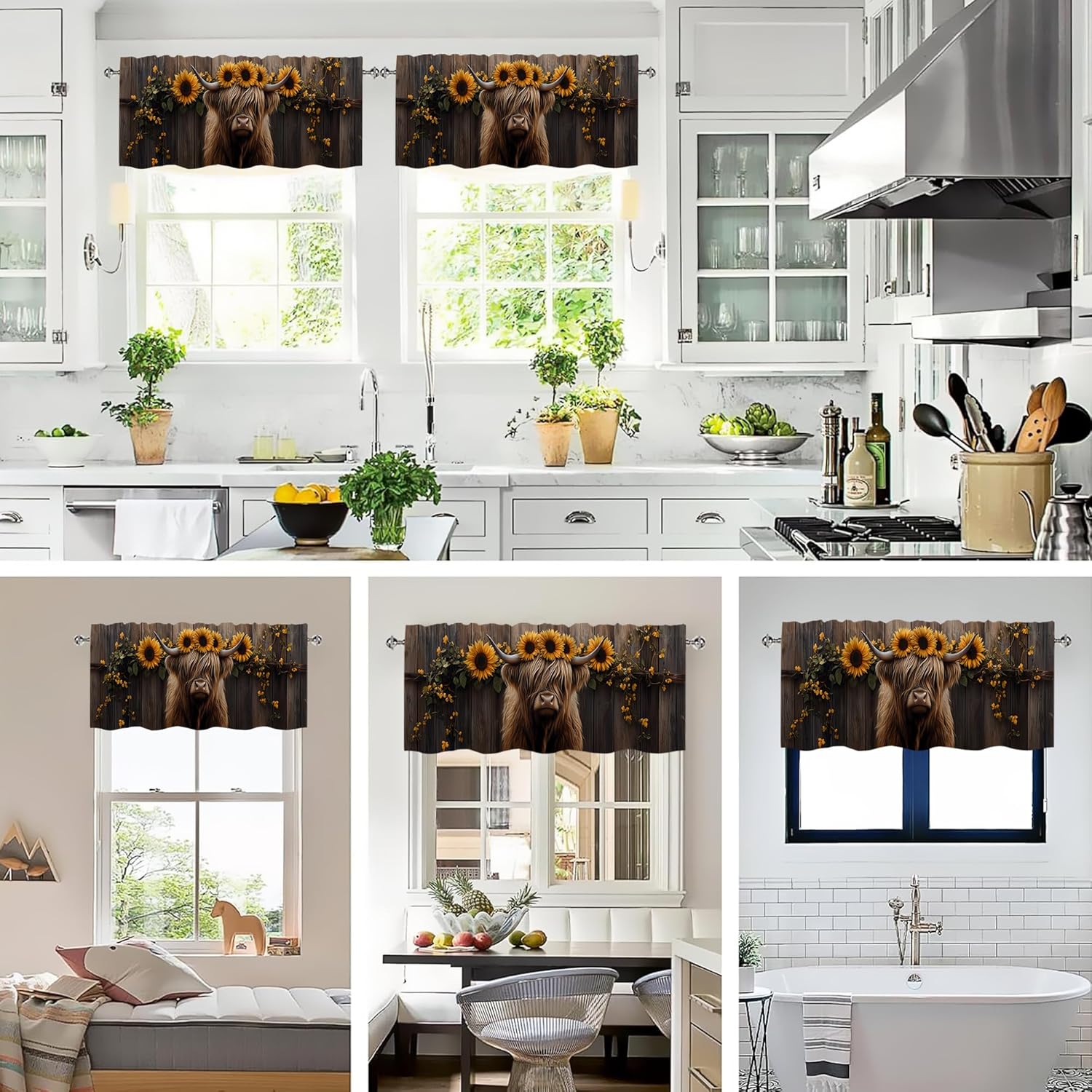 Highland Cow Sunflower Valances for Windows 2 Pack,Rod Pocket Valance Curtains,Small Window Treatment Valances for Kitchen Living Room,Bedroom,Bathroom,Home Decor,18x54 Inch,2 Panel