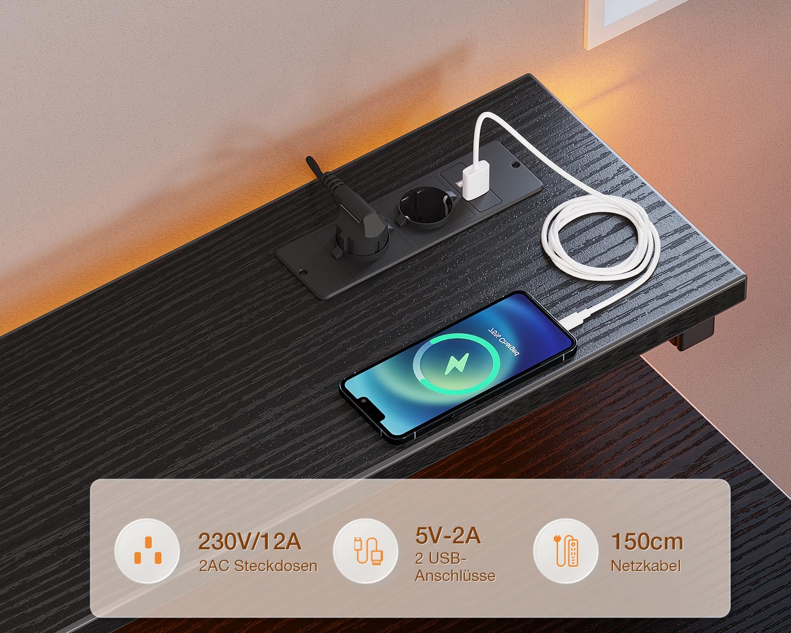 ODK Scrivania con 3 Cassetti, Scrivania da Gaming con Luci LED, Tavolo da Gioco con Prese di Corrente e 2 Prese di Ricarica USB, Tavolo per Computer con Supporto per Casa (Nero, 120x50x92.7cm)