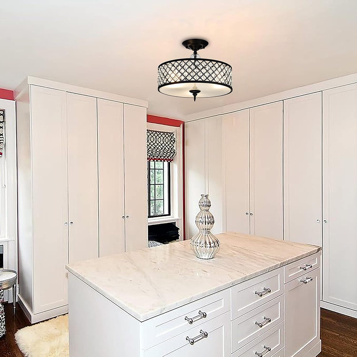 Bеѕt Dеаl Prоduсt Crystal Chandelier Semi Flush Ceiling Light Fixture 3-Lights Black Chandeliers Entry Light Fixture Ceiling Hanging with Drum Shade