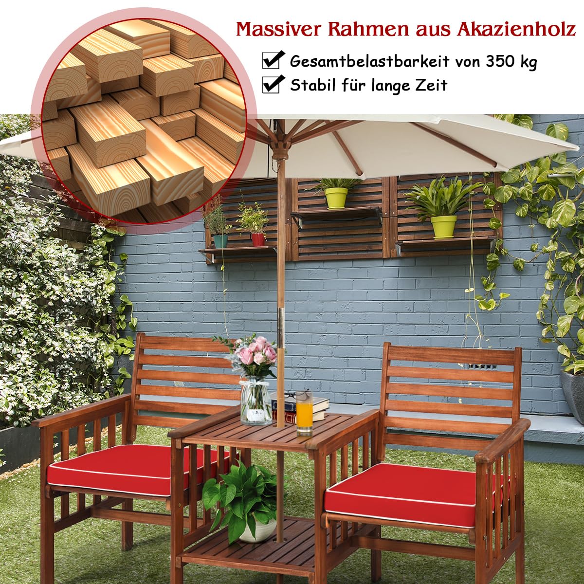 GOPLUS Gartenbank mit Tisch, 2 Sitzer Holzbank mit Schirmloch & Sitzkissen, Sitzbank Outdoor aus Akazienholz, Balkon Bank wetterfest für Garten Hof Terrasse (Braun+Rot)