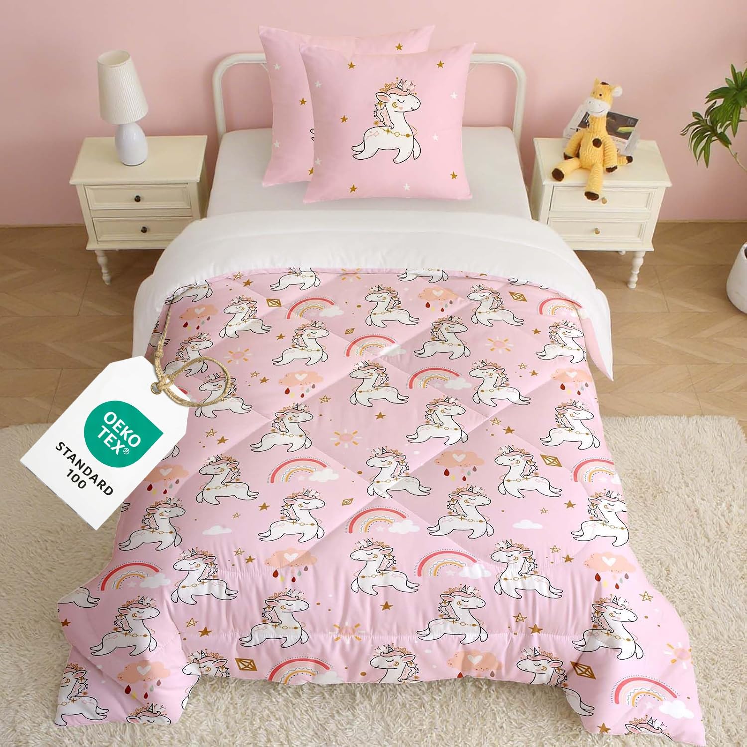 Couette Licorne 2pc Fille Tempérée pour lit 1 Personne-100% Microfibre -Enfant 4 Saisons et 140 x 200 cm+ 1 Taie d'oreiller 65x65 cm - Sac Cadeau