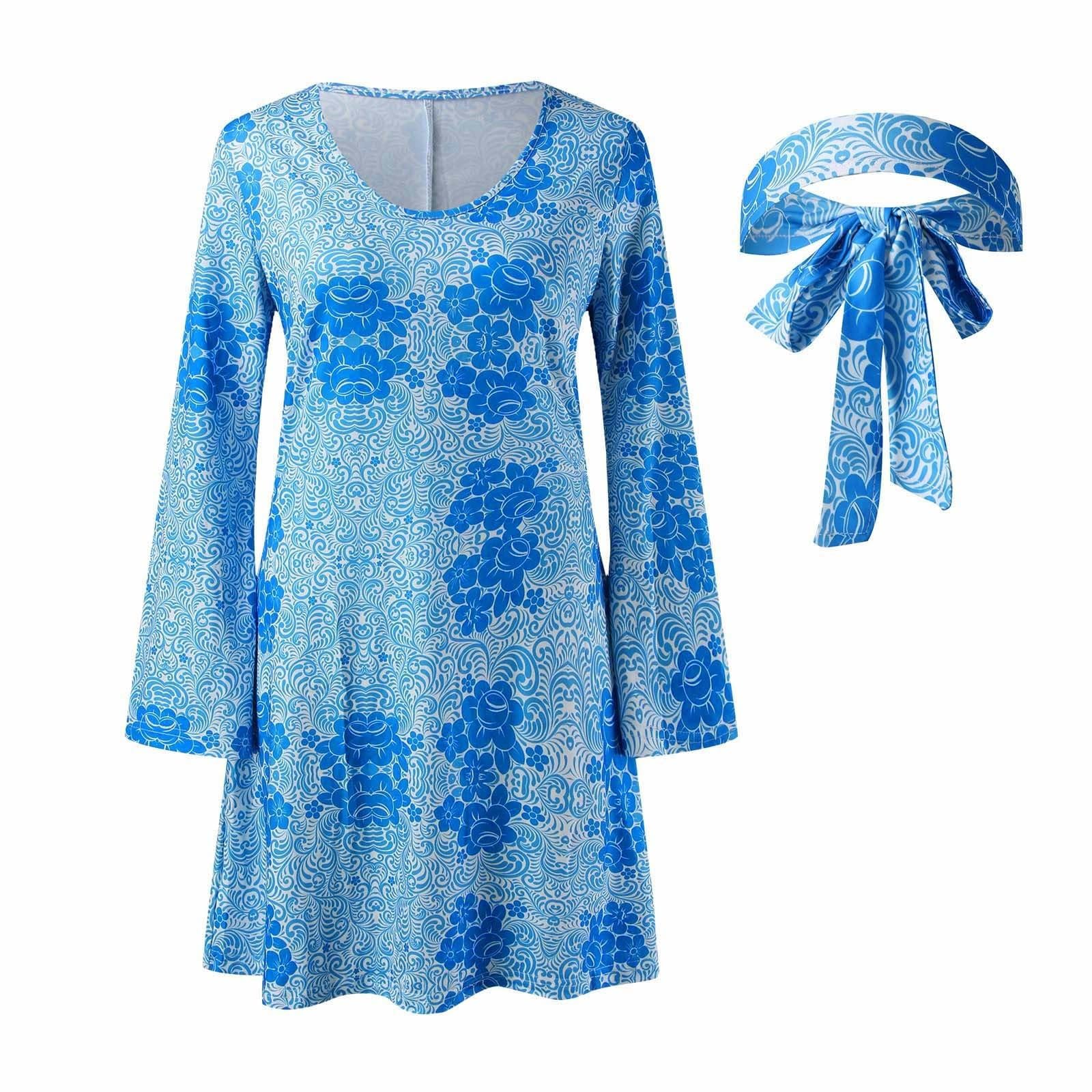 AMDOLE Hippie Costume Women Disco 60s 70s Fancy Dress Retro Party Outfit Dress Up Hippy Clothes Fancy Dress for Women Adult Ladies 1970s Hippie Costume Halloween Dresses Headband B-Blue S โ image 1